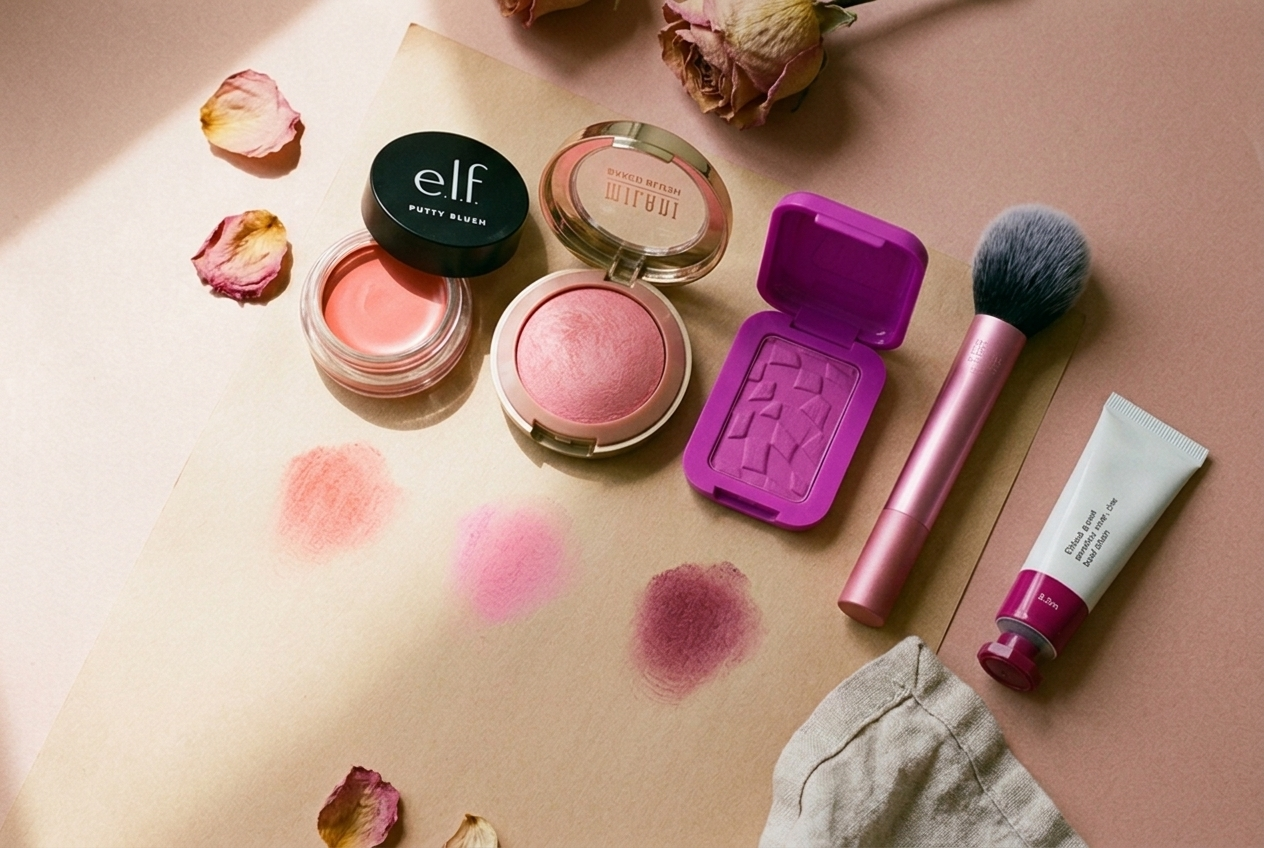 Flat-lay of e.l.f. Putty Blush, Real Techniques brush, Milani Baked Blush, NYX Buttermelt Blush, and a tube on a warm surface with blended swatches