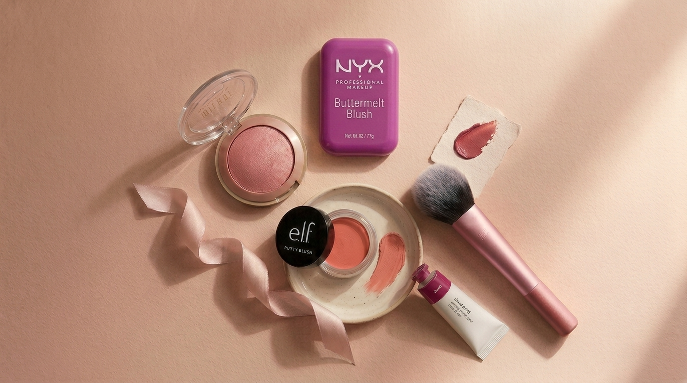 Warm editorial flat-lay of e.l.f. Putty Blush, Milani Baked Blush, NYX Buttermelt Blush, Glossier Cloud Paint, and a Real Techniques blush brush on a blush-toned surface
