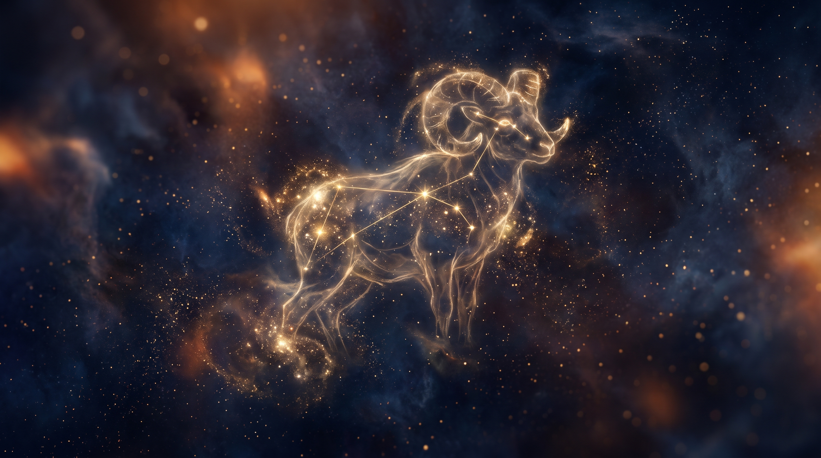 Constelación dorada de Aries sobre cielo cósmico