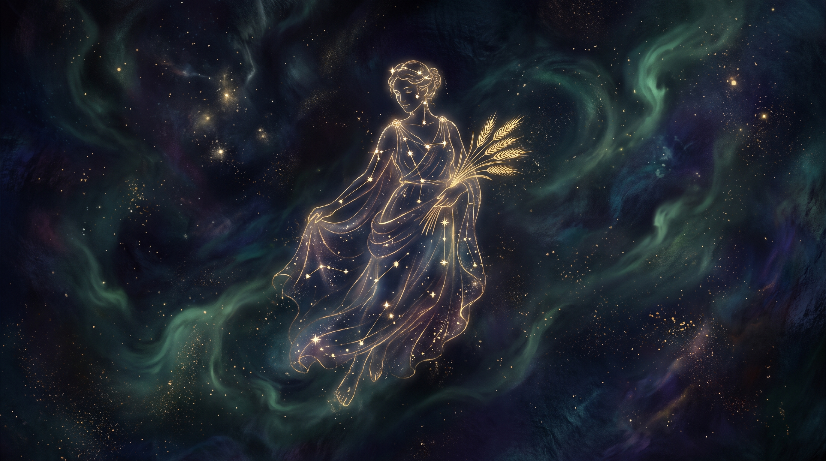 Constelación dorada de Virgo sobre cielo cósmico