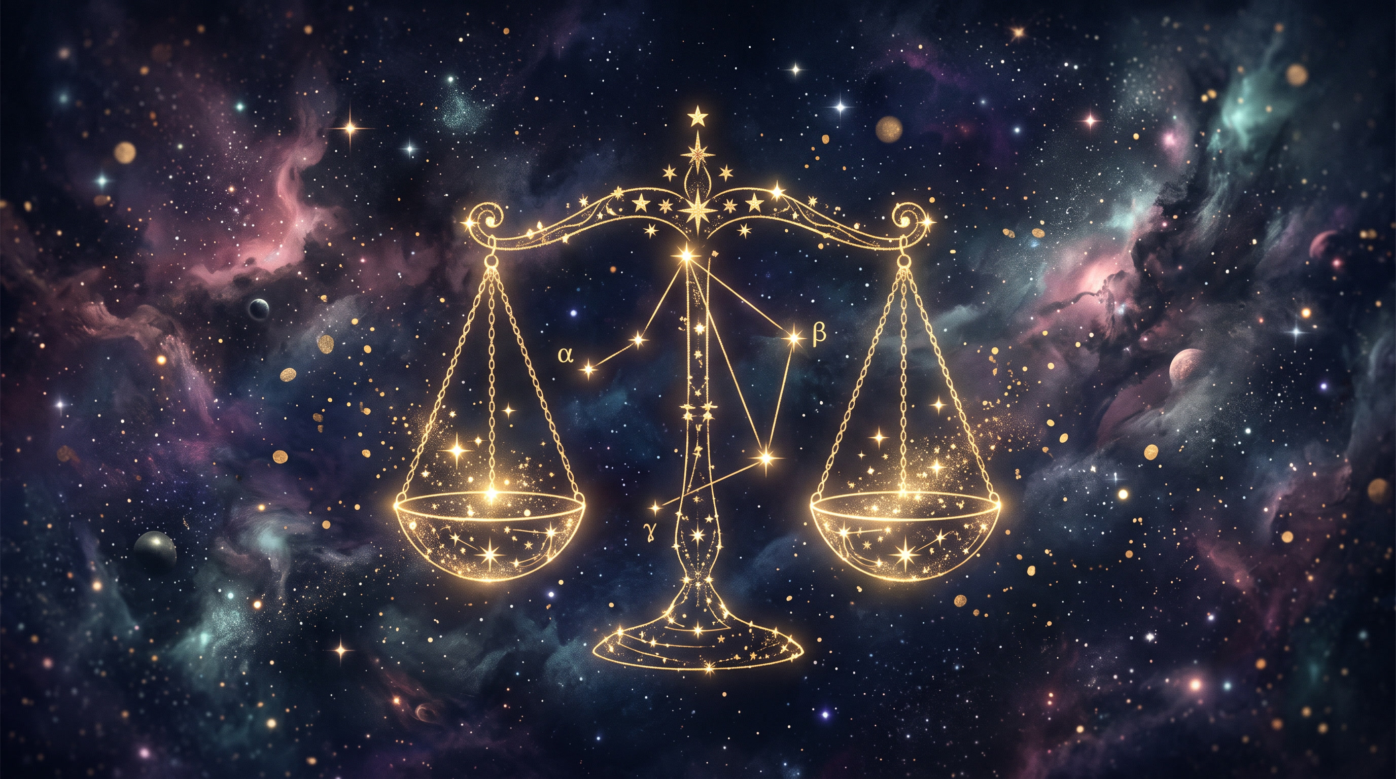 Constelación dorada de Libra sobre cielo cósmico