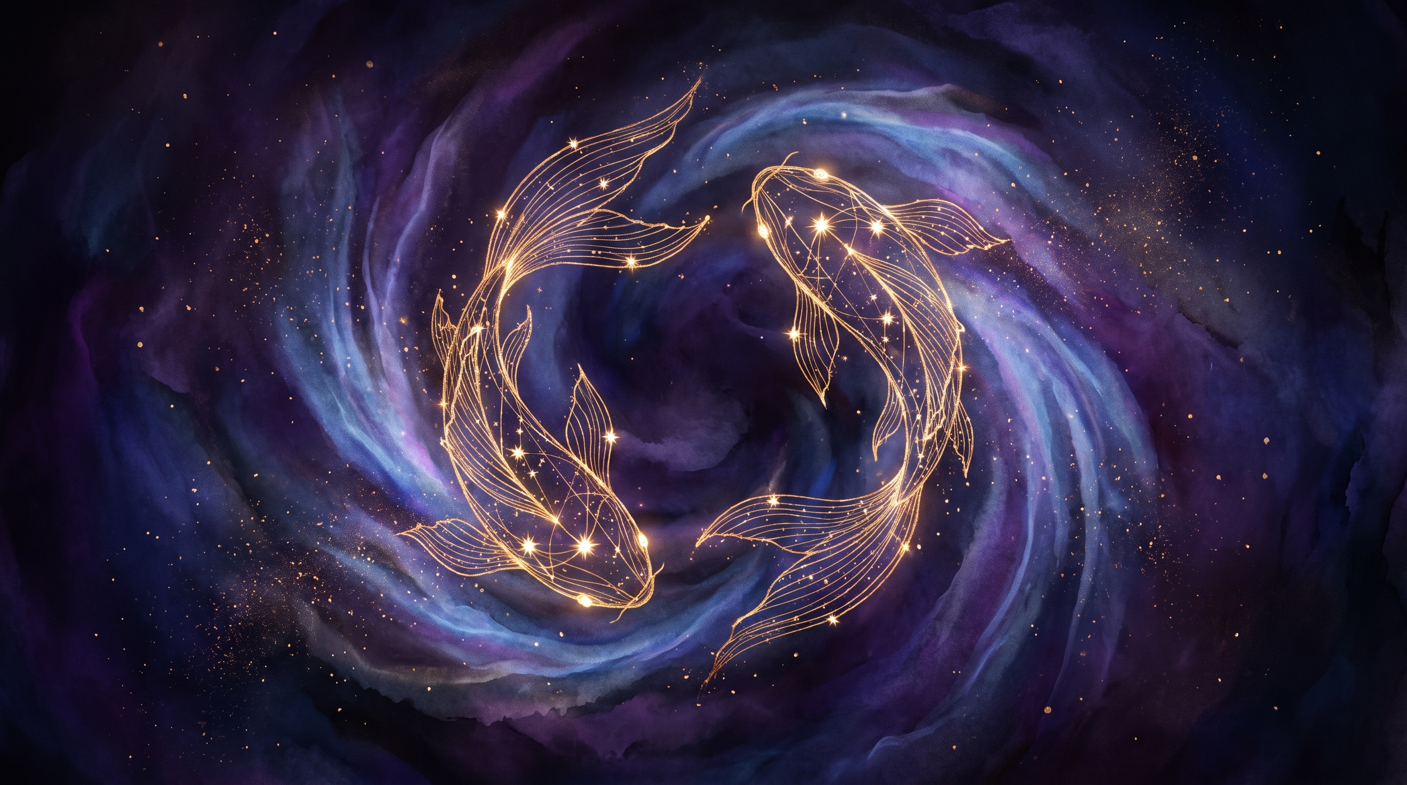 Constelación dorada de Piscis sobre cielo cósmico