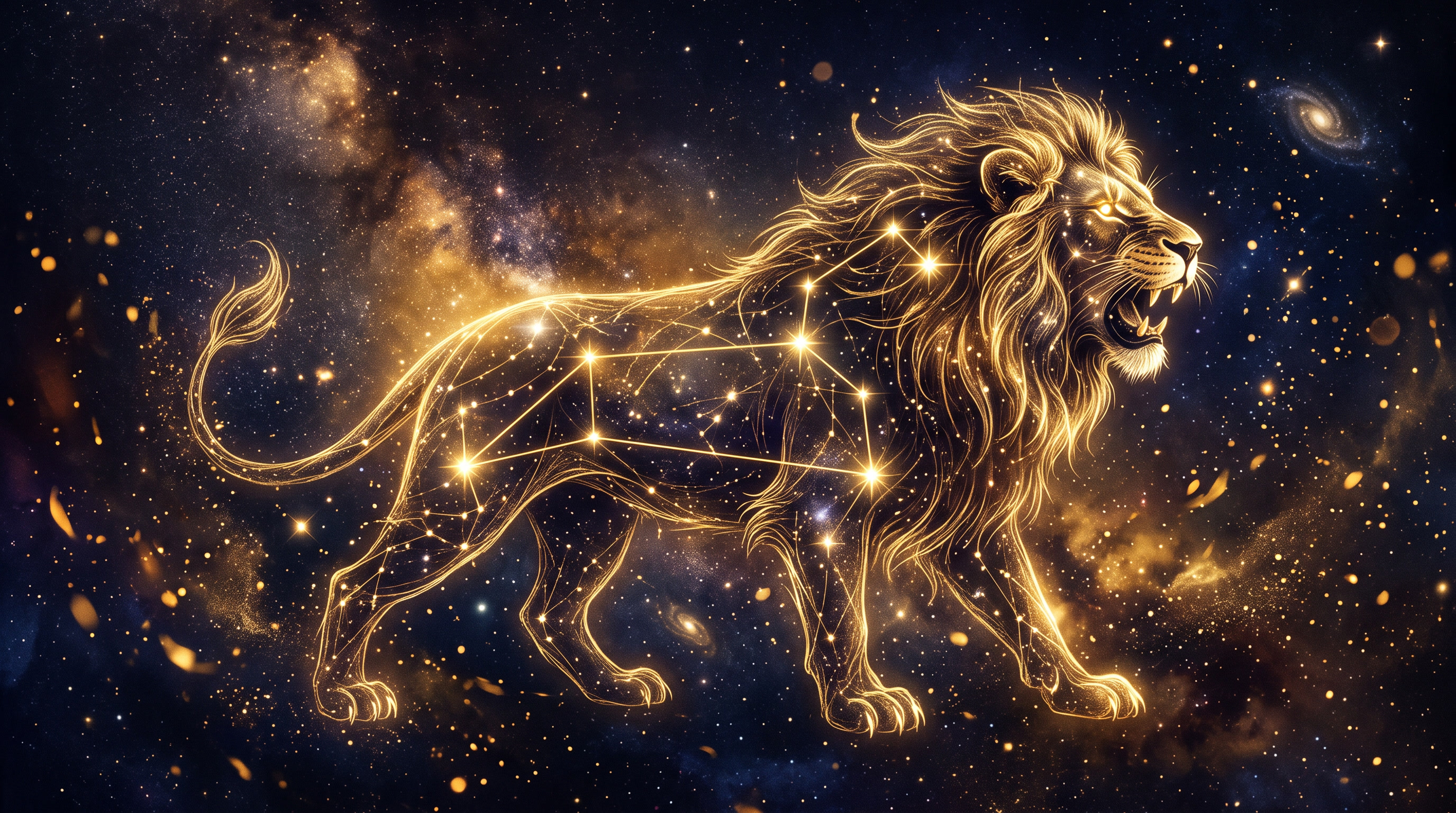 Constelación dorada de Leo sobre cielo cósmico