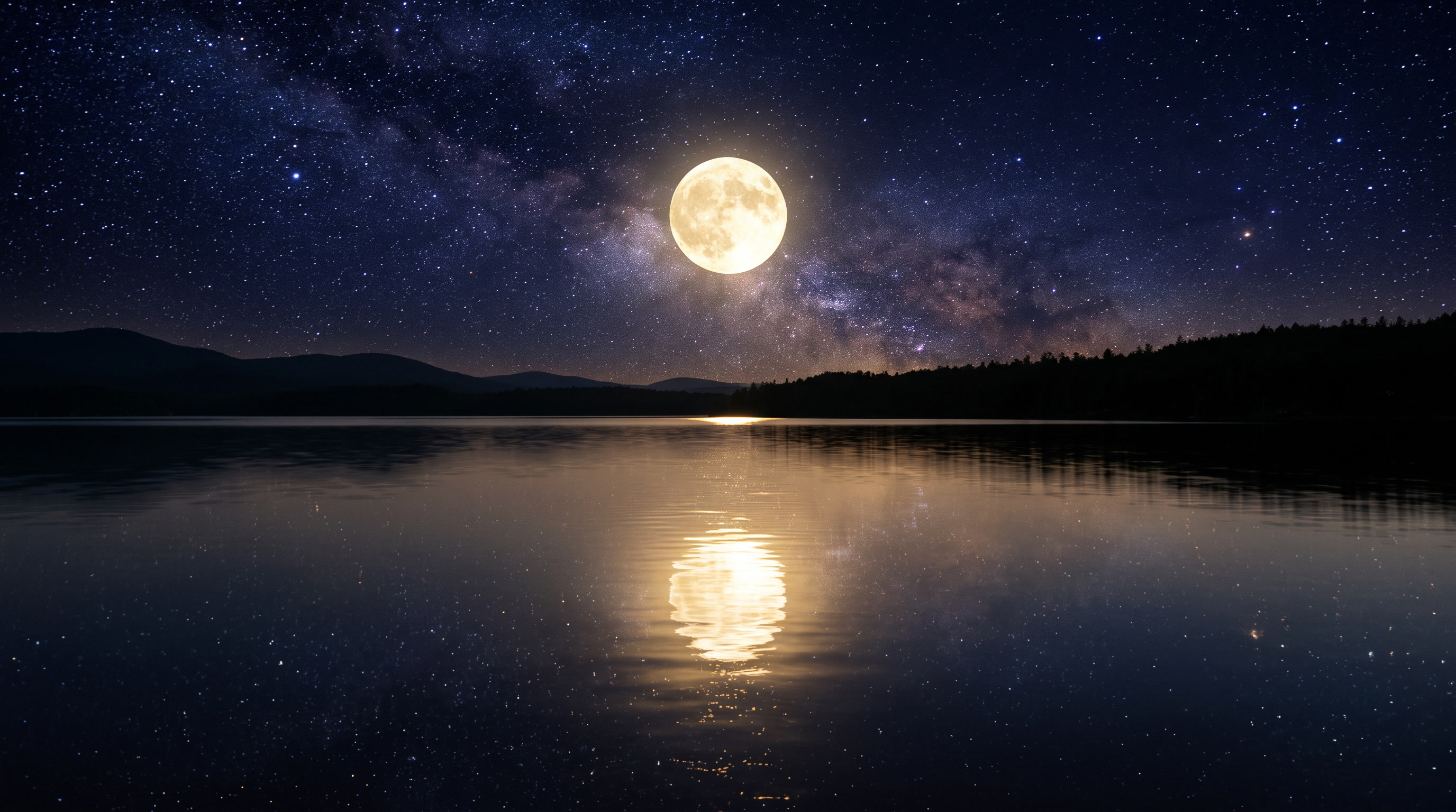 Luna llena reflejada en agua calma bajo un cielo estrellado