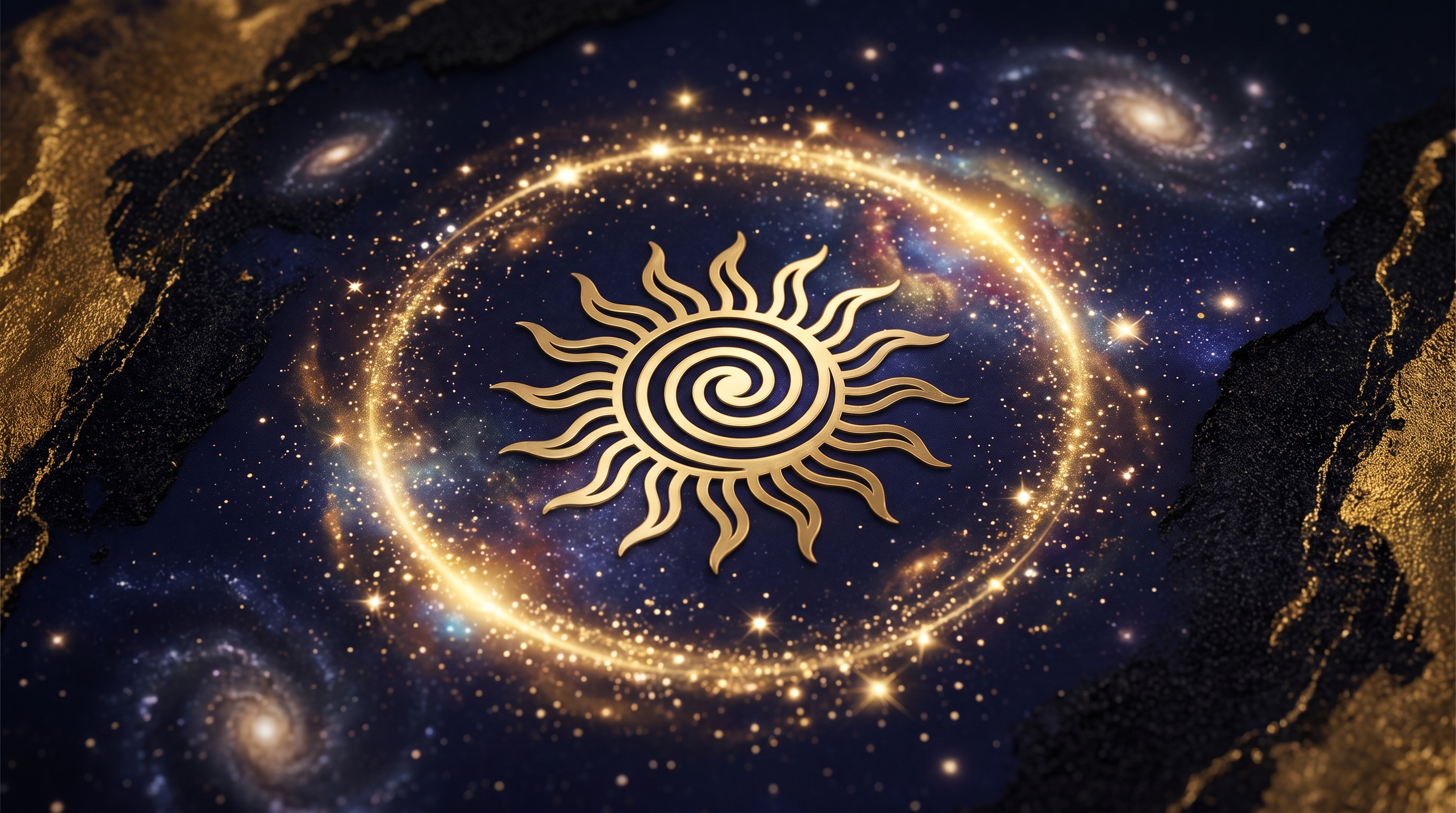 Glifo dorado del Sol rodeado de un anillo de luz y estrellas