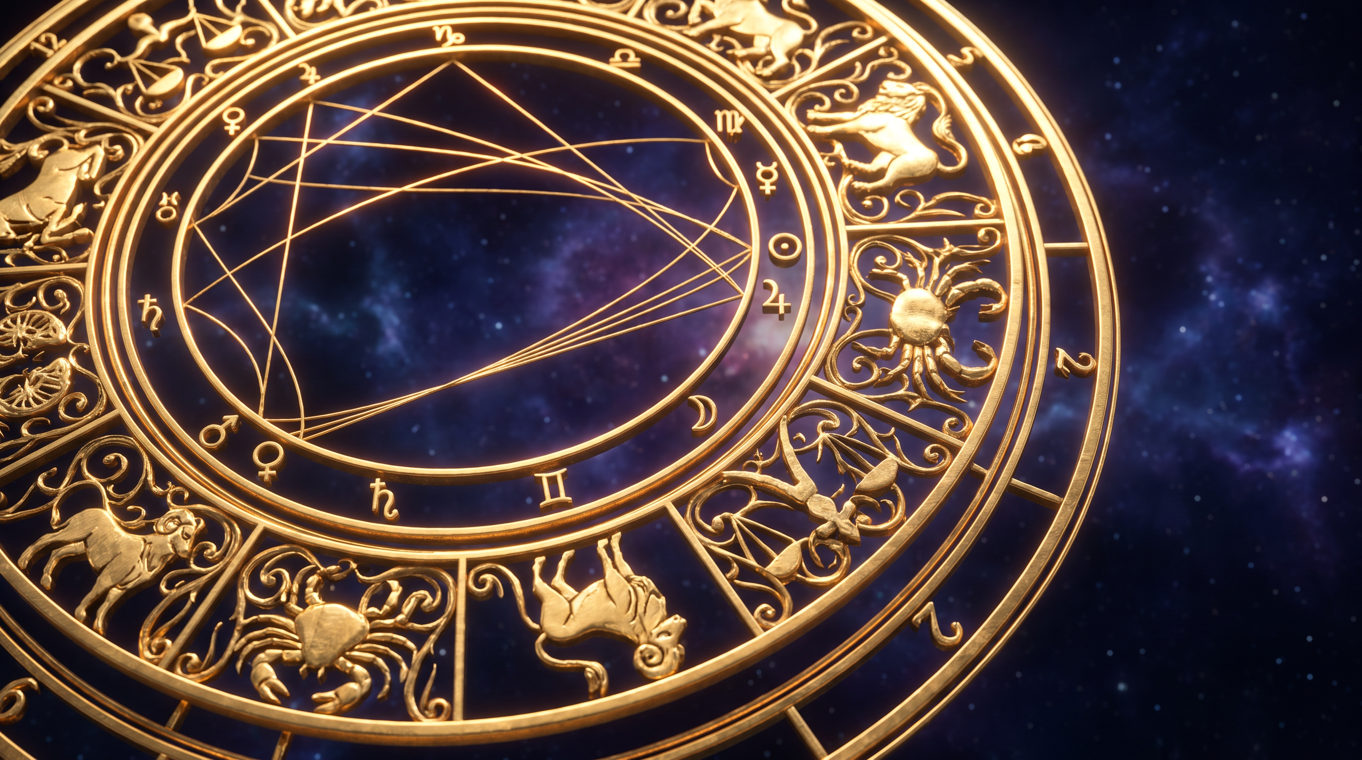 Detalle dorado de una rueda astral con planetas y líneas de aspecto