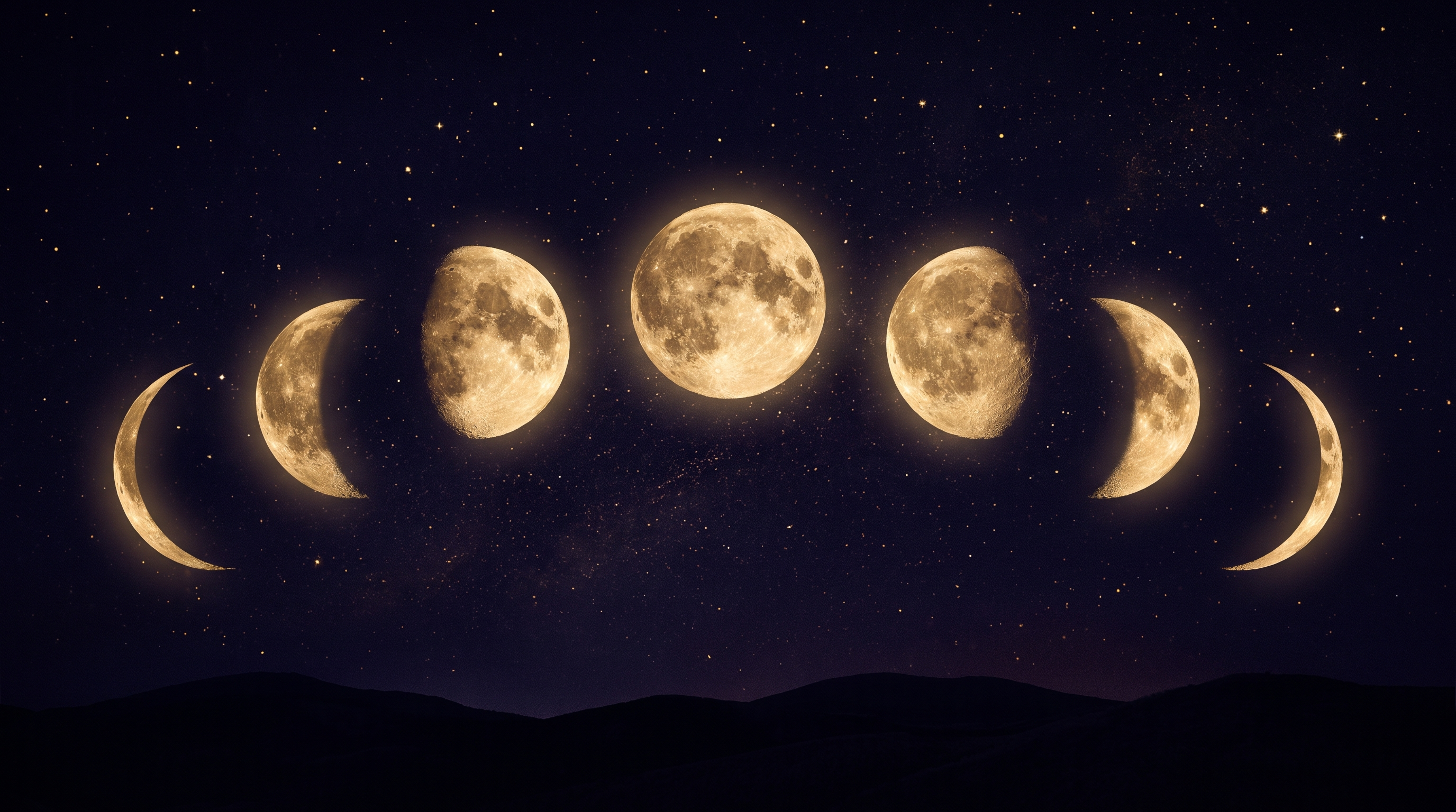 Las fases de la luna en ritmo semanal, en dorado sobre cielo cósmico