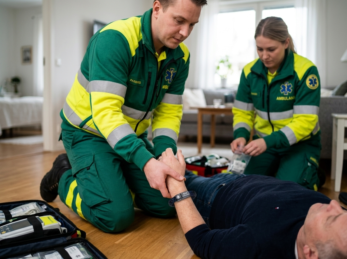 Ambulanspersonal kontrollerar handleden