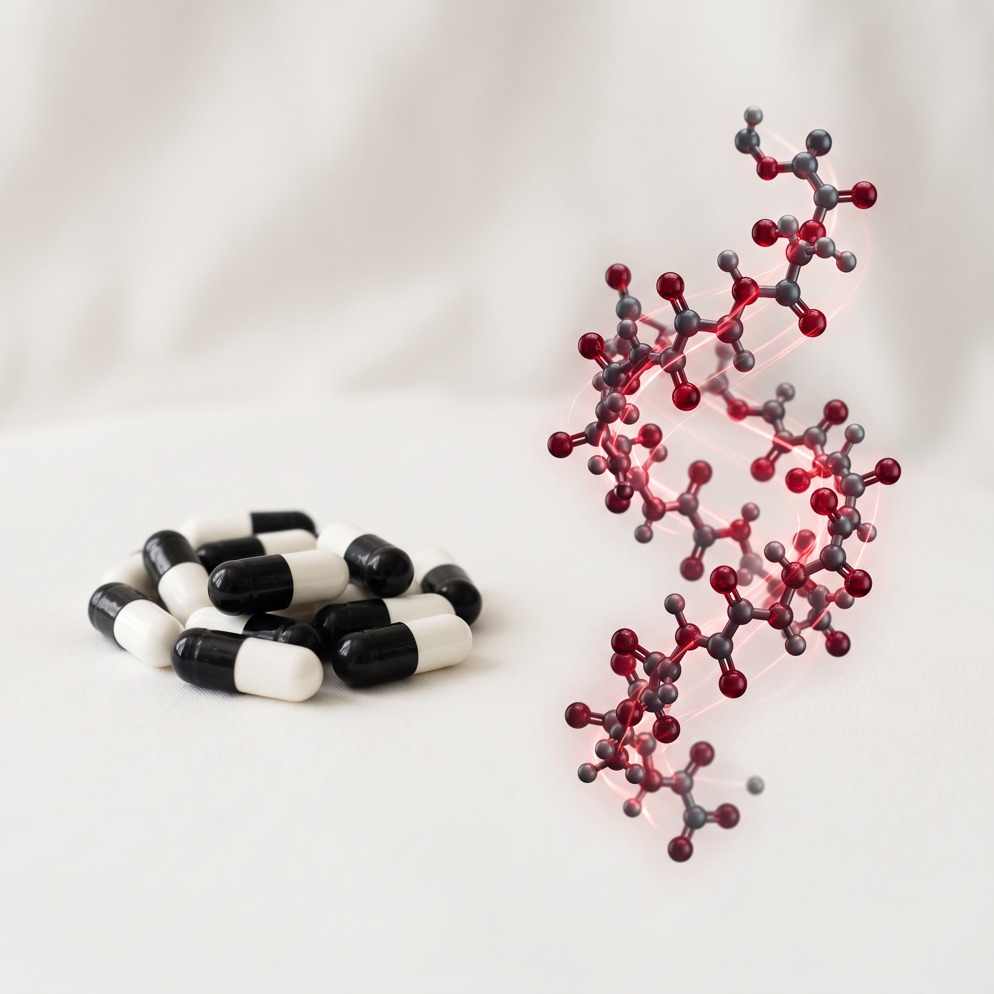 Black-and-white capsules beside an abstract peptide molecular chain, representing HAPPSTA's research-grade muscle peptide.