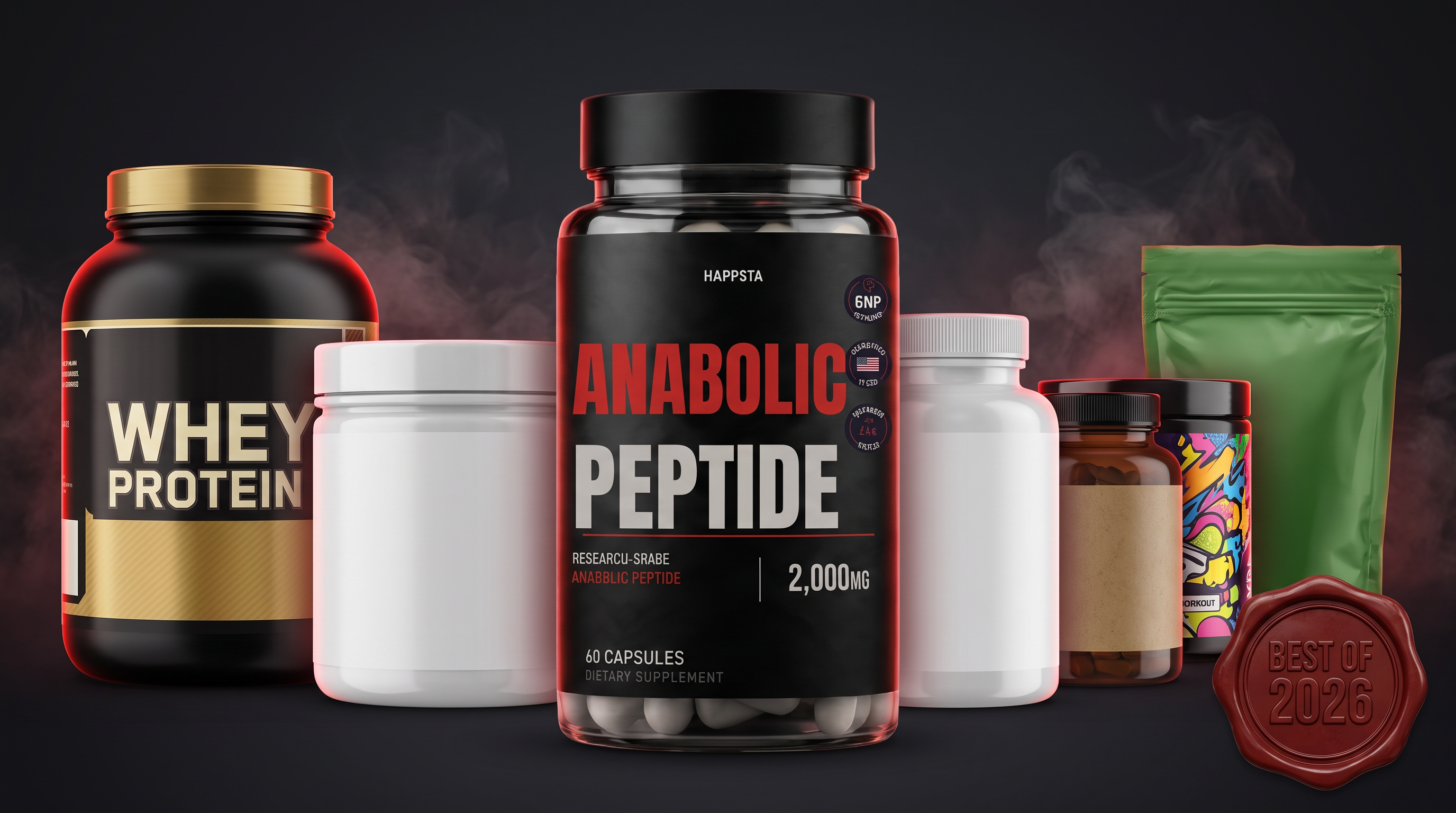 Lineup of popular 2026 muscle-building supplements with the HAPPSTA Anabolic Peptide bottle in the centre and a Best of 2026 seal.