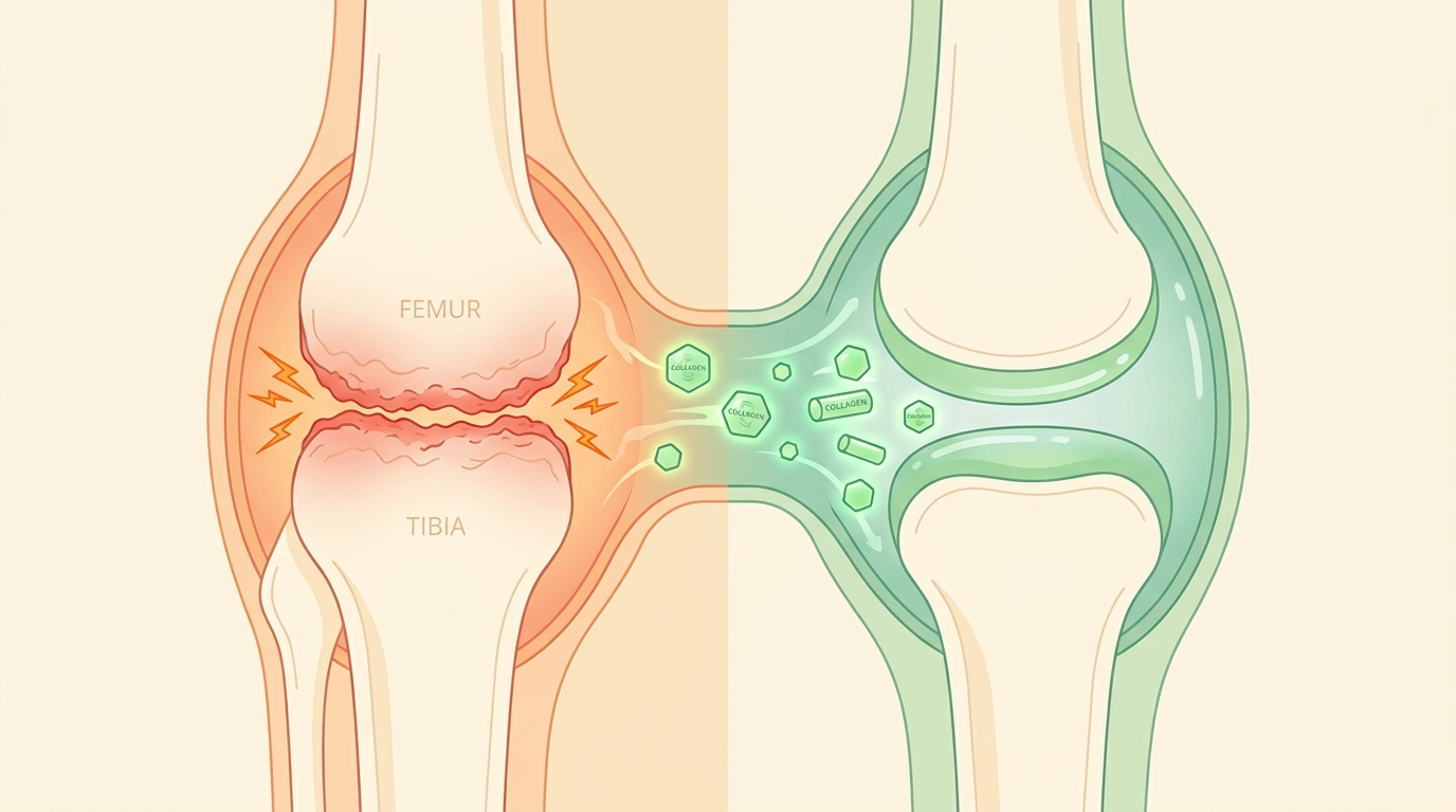 Worn cartilage cushion rebuilt by collagen