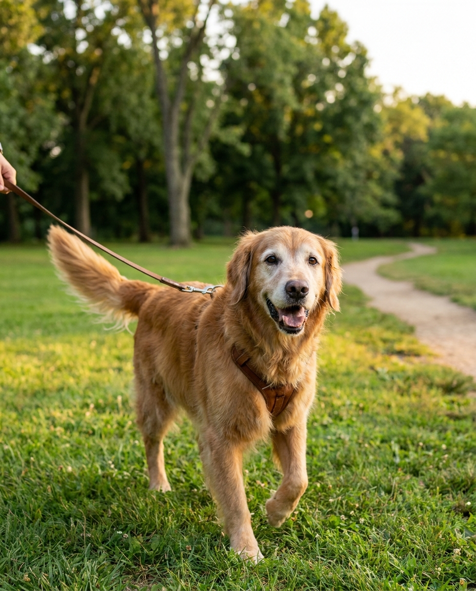 Happy senior dog on a walk again