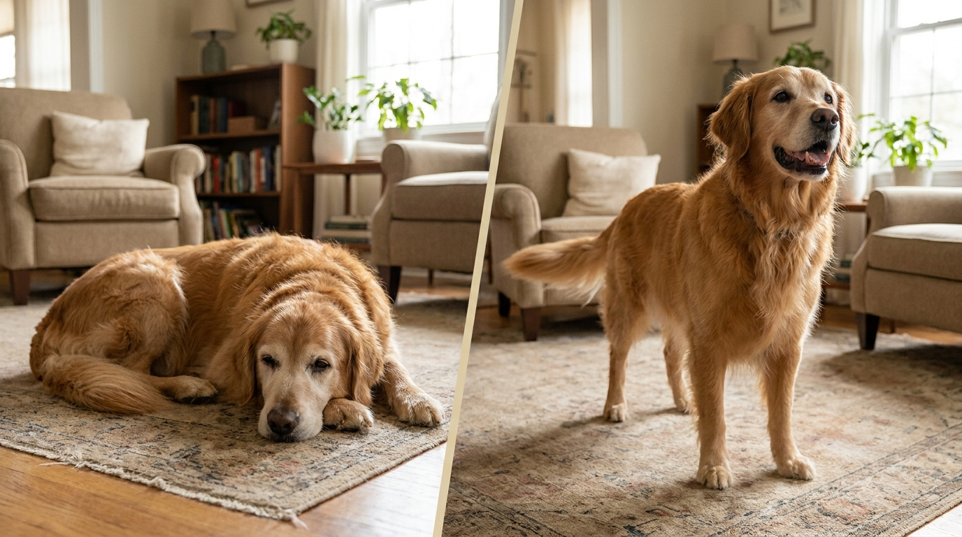 Same senior dog before and after, up and moving again