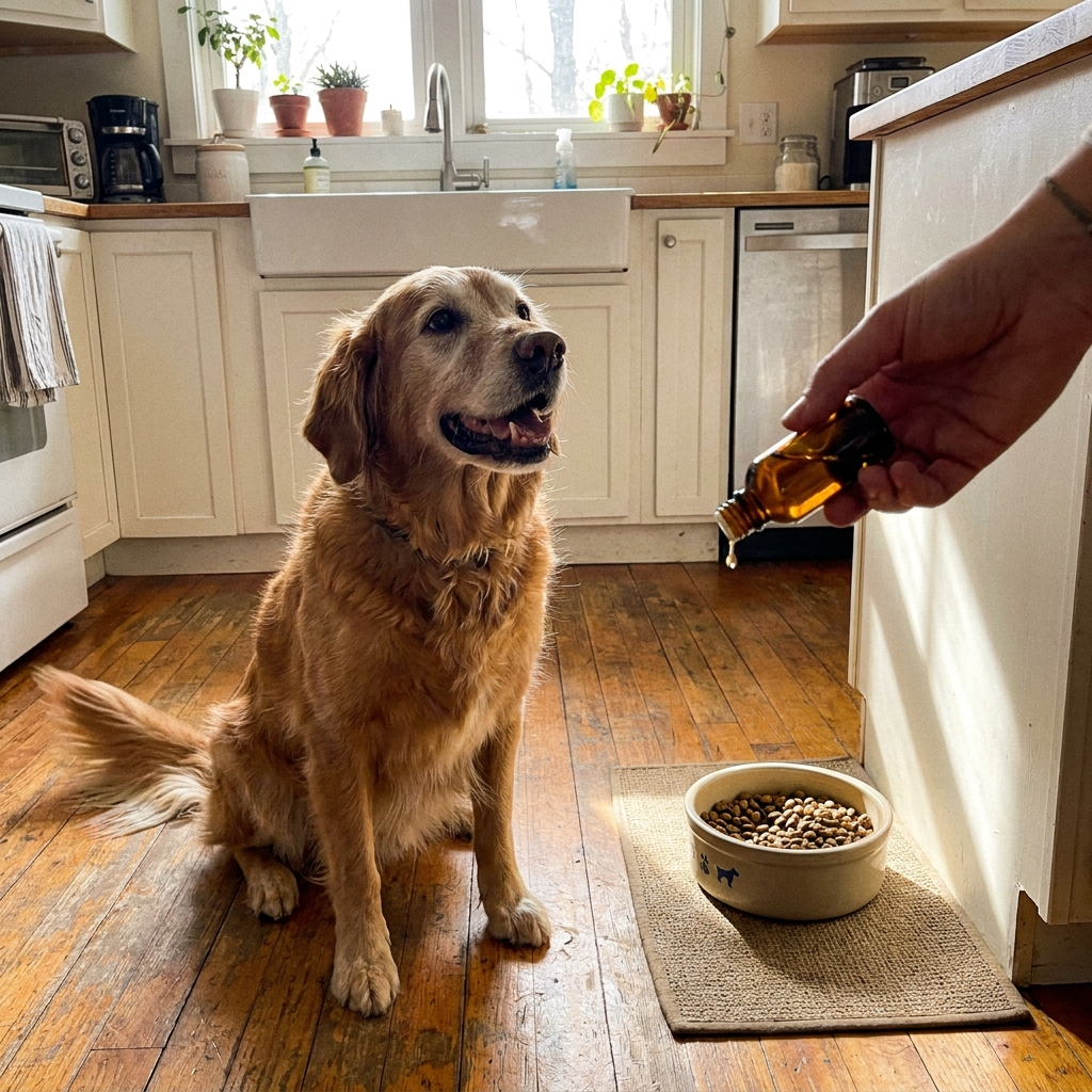 Adding Collagen 3X drops to the dog's food
