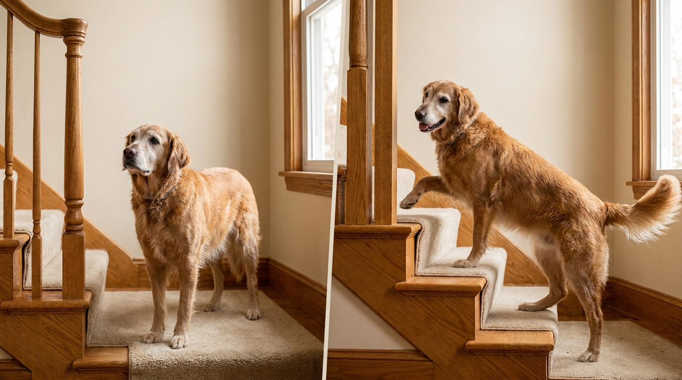 Same senior dog before and after, on the stairs