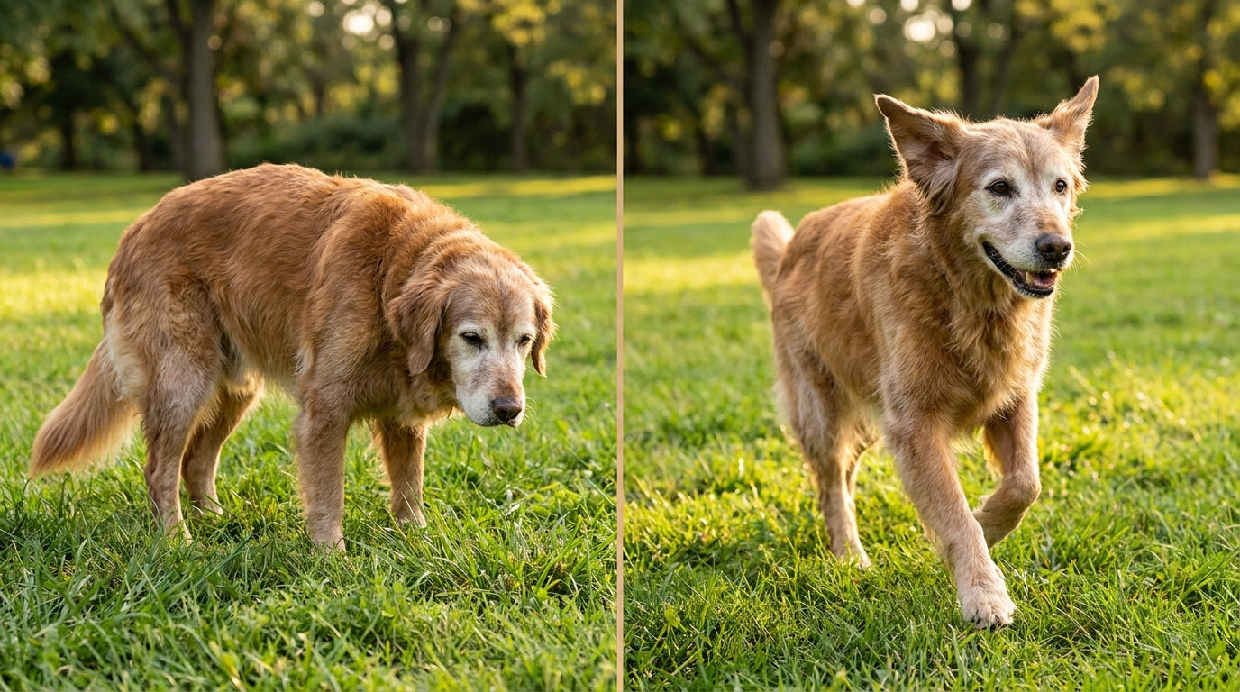 Same senior dog before and after, walking outside again
