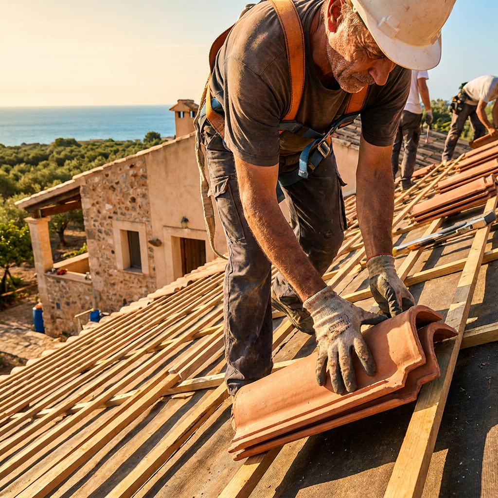 Couvreur S.B posant des tuiles terracotta sur un toit dans le Var