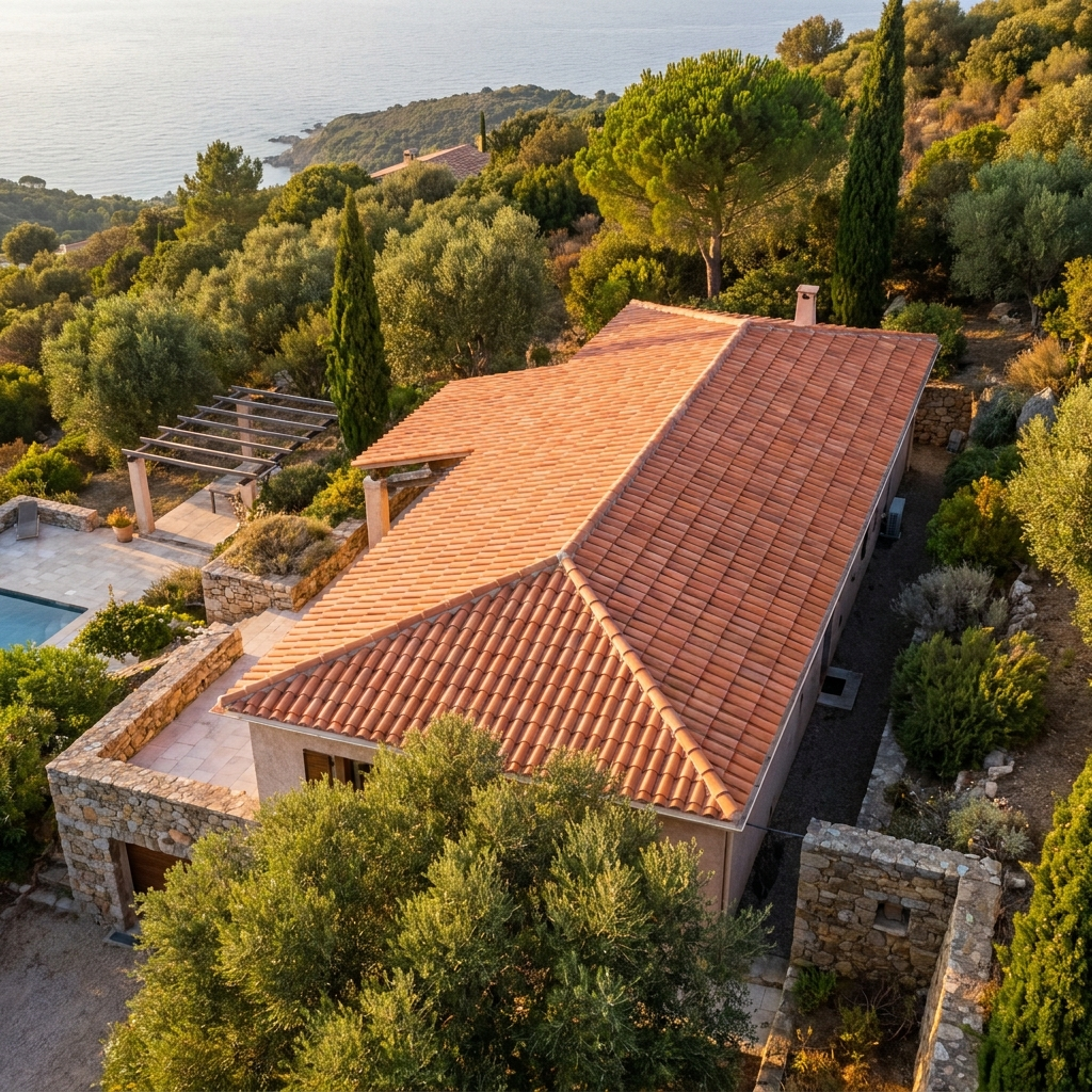 Vue aérienne d'une toiture en tuiles rénovée par S.B Couverture dans le Var