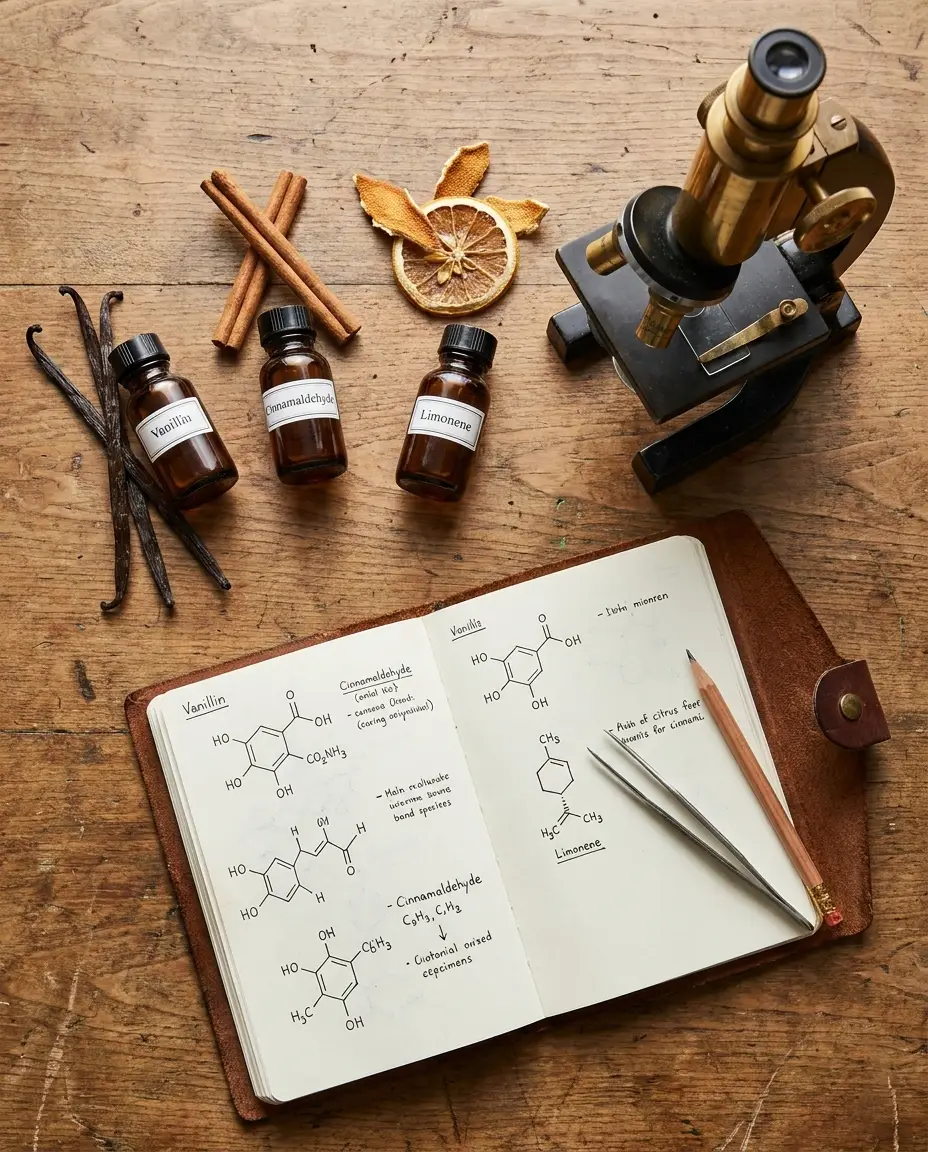 Scientific flat lay — terpene vials, botanical specimens, microscope — TerpsHerbs Serie #001