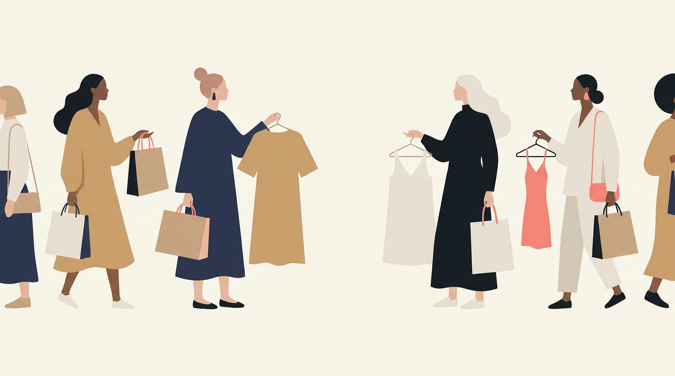 An elegant, diverse crowd of stylish women at a sample sale, holding shopping bags and garments, in a chic camel, navy and black palette with coral accents