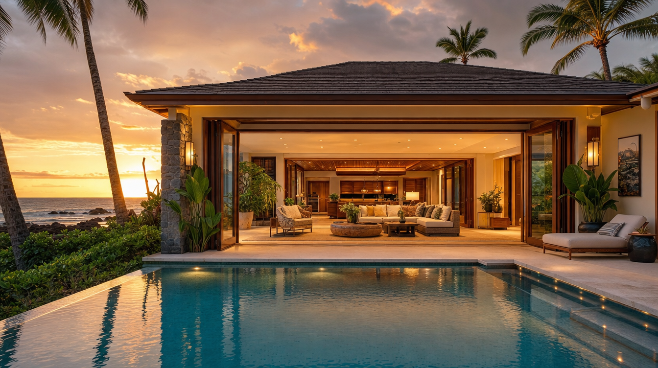 Hawaiian beachfront home at golden hour