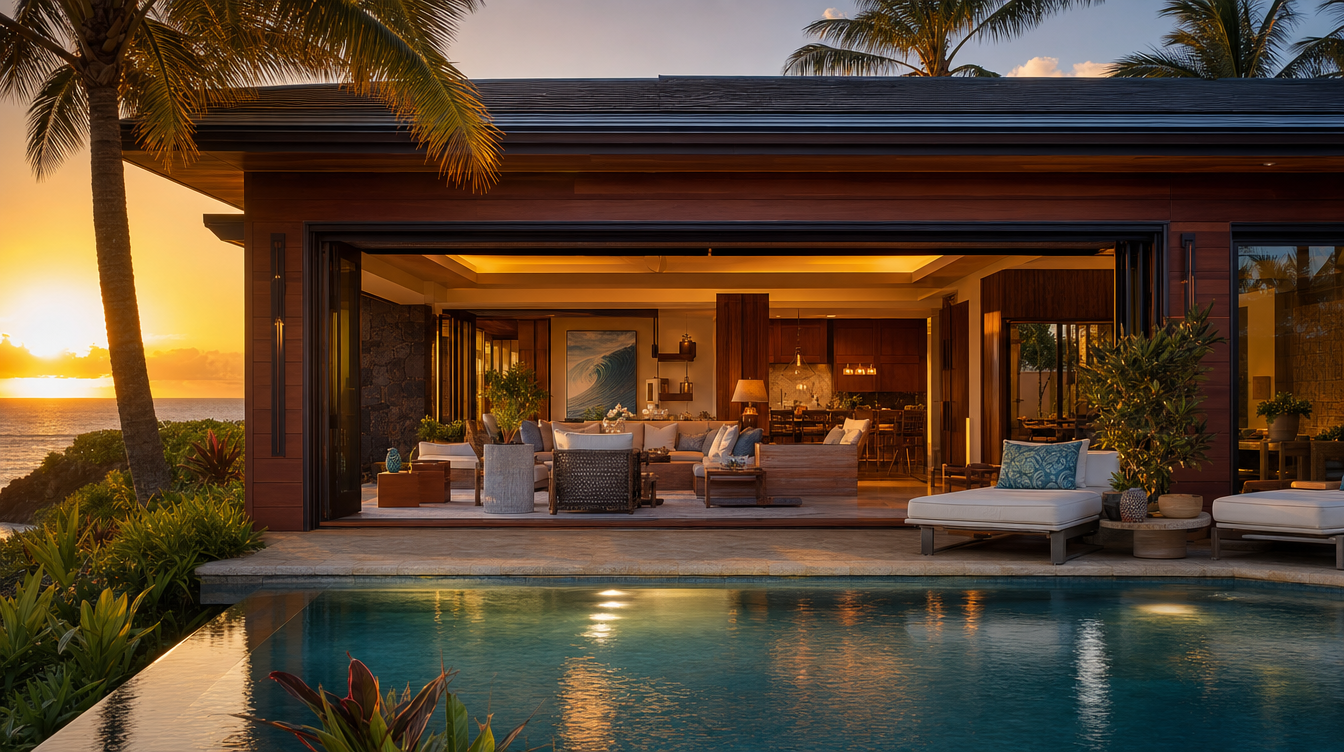 Beachfront home at sunset