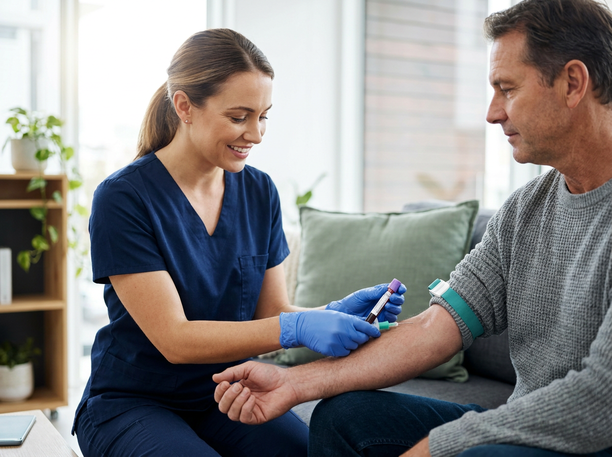 Registered nurse performing an in-home blood collection for a calmly seated patient