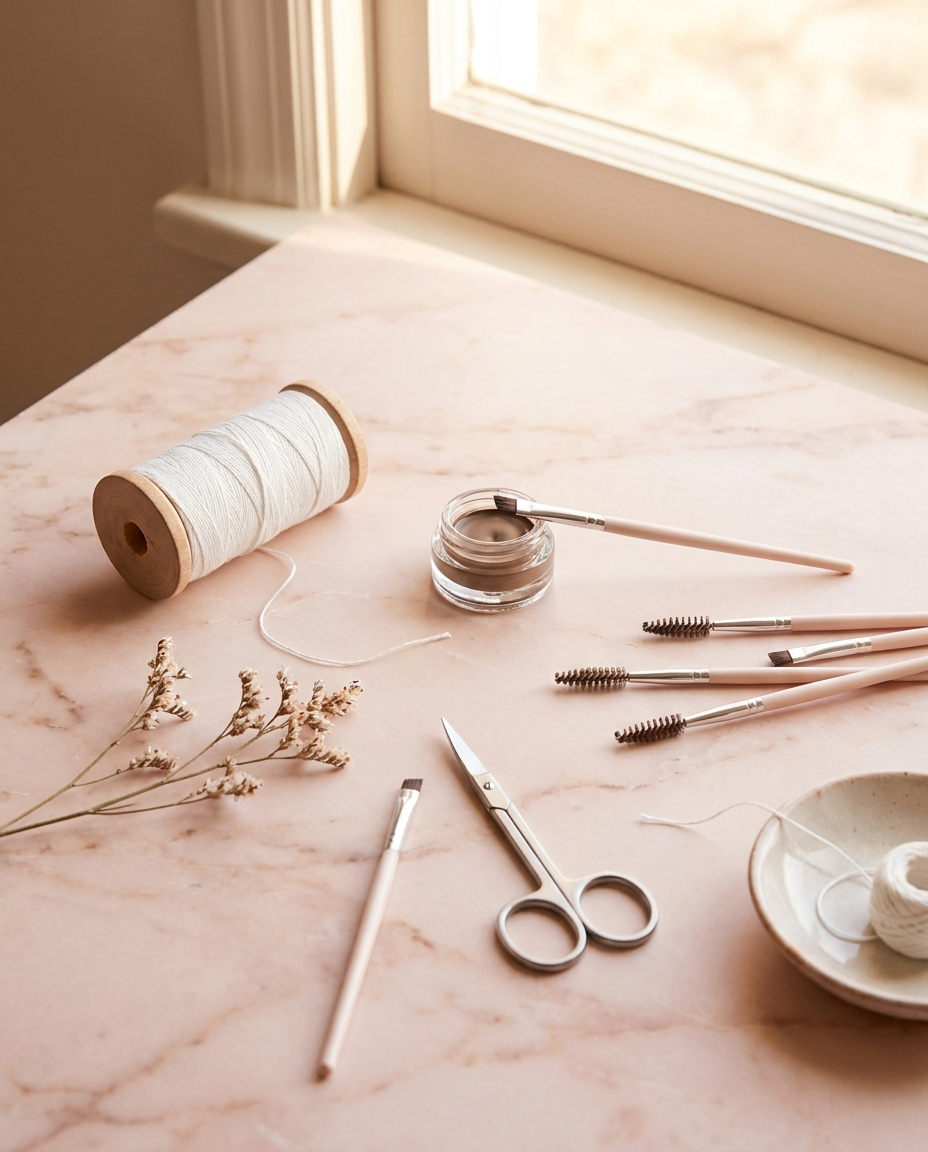 Beauty and threading tools flat lay at Kinza's Brow Bar & Spa