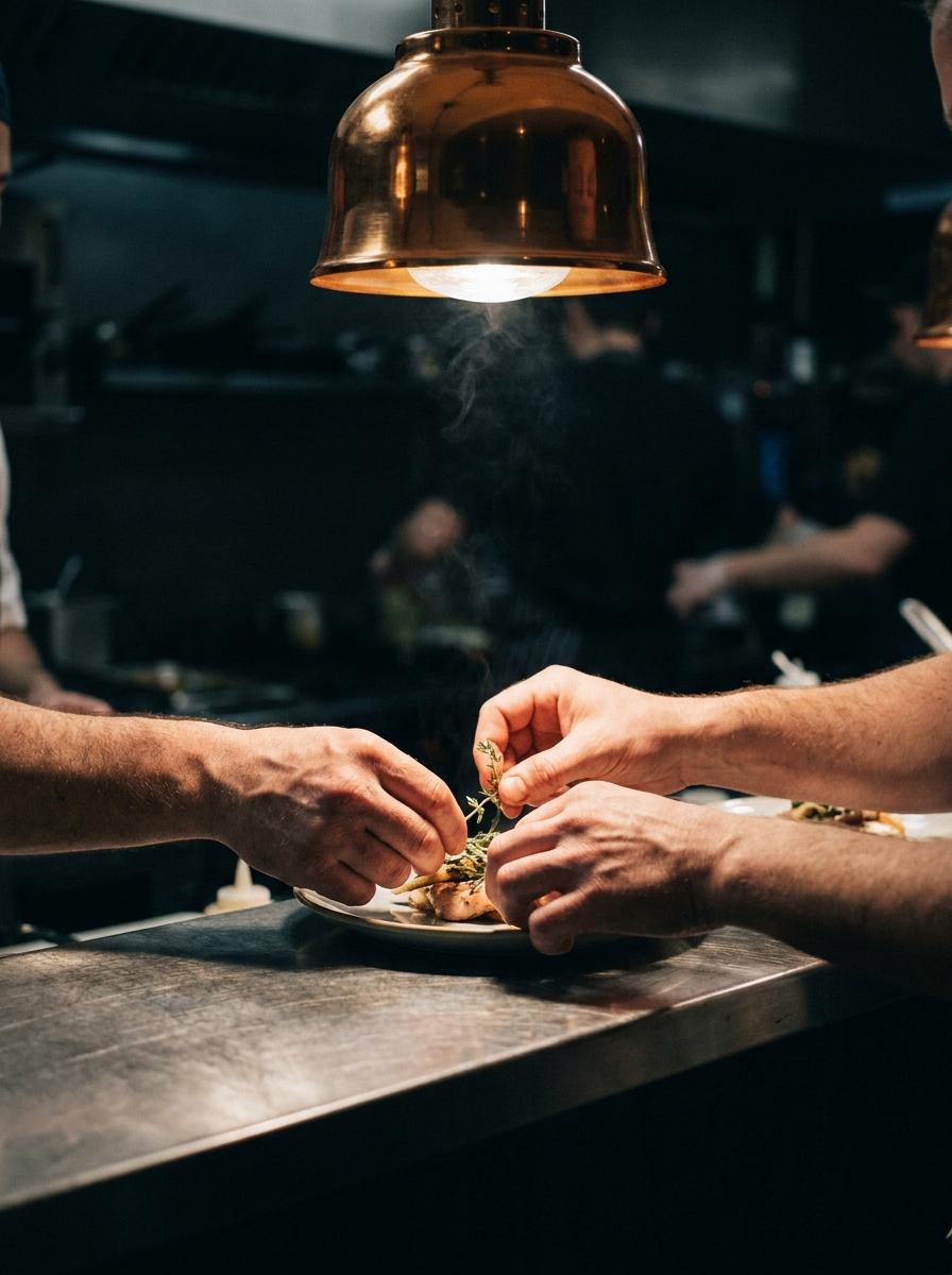 A chef plating a dish at the pass during service