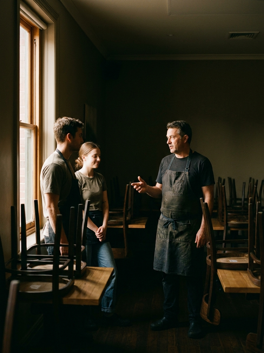 A manager talking with front-of-house staff before service