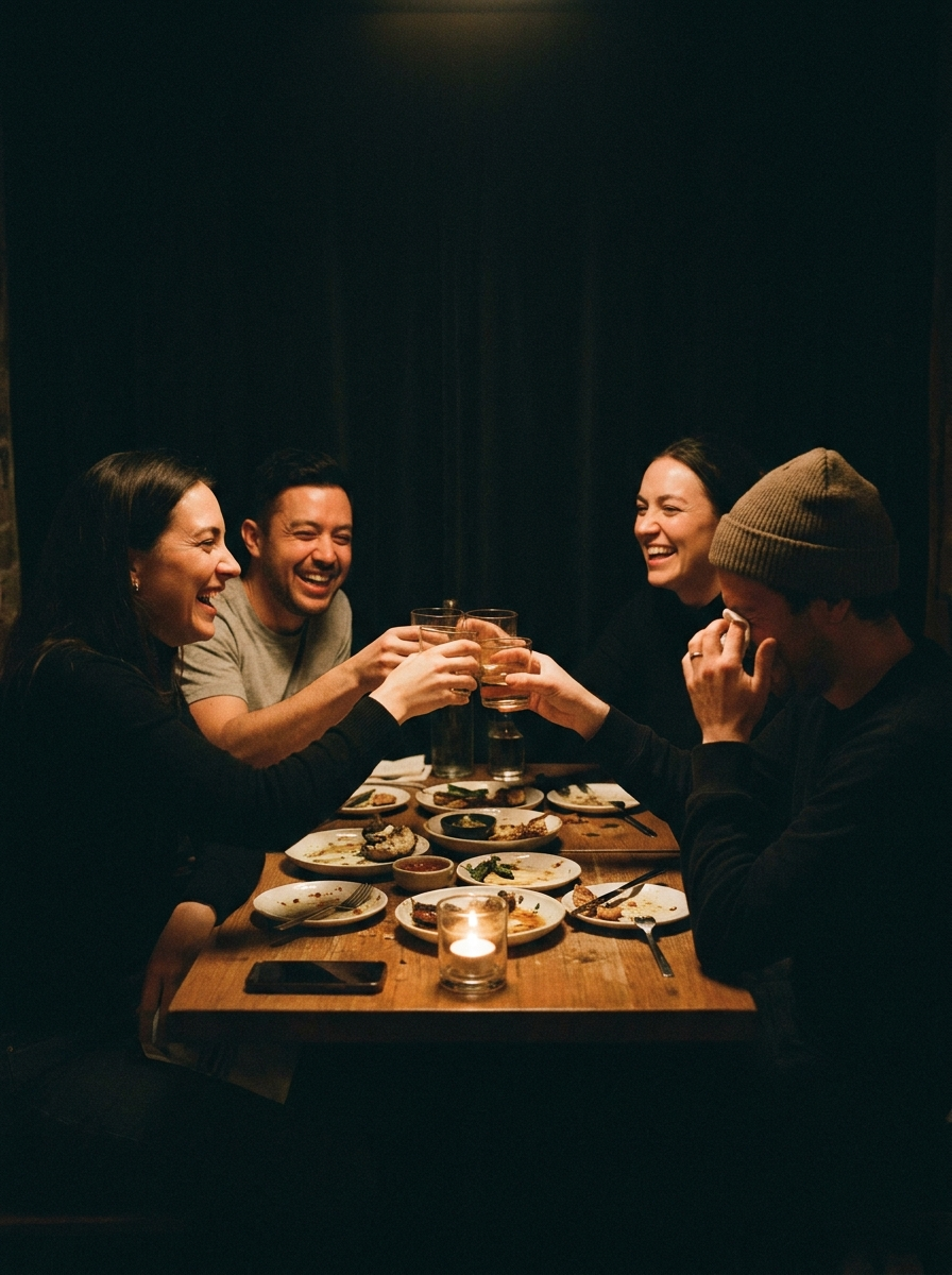 Friends laughing around a candlelit restaurant table