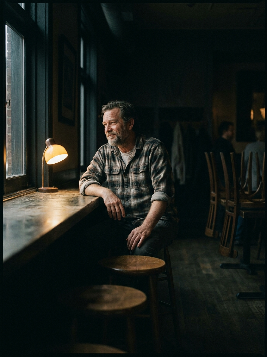 A restaurant owner alone at the bar after closing