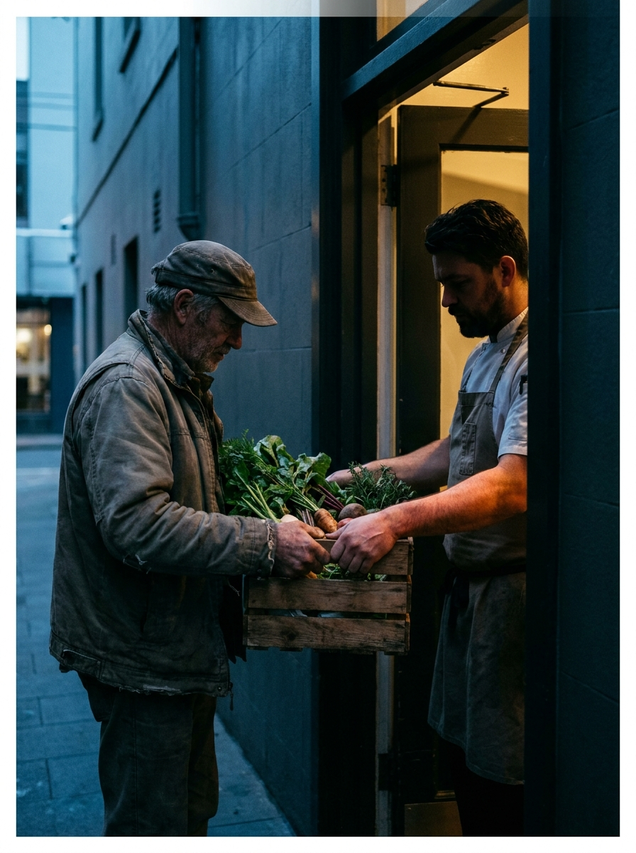 A local supplier handing a crate of produce to a chef at dawn