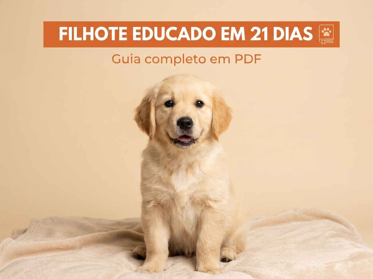 Filhote de golden retriever sentado, capa do guia Filhote Educado em 21 Dias