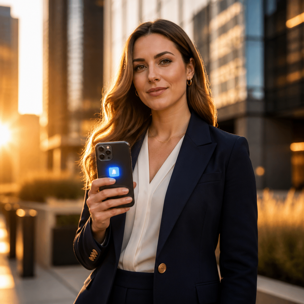 Confident real estate agent holding phone with lead notification