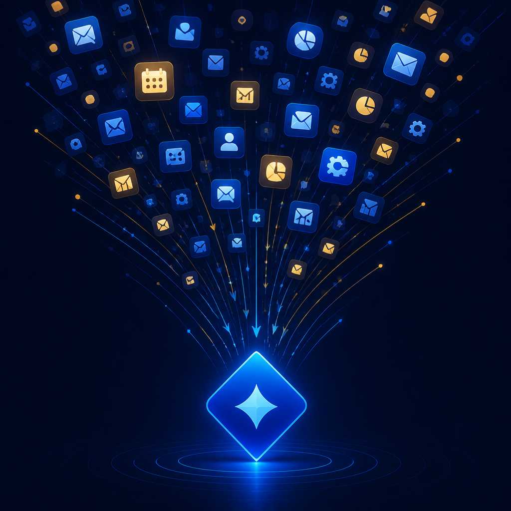 Many vendor app icons consolidating into one MyAgentHQ symbol