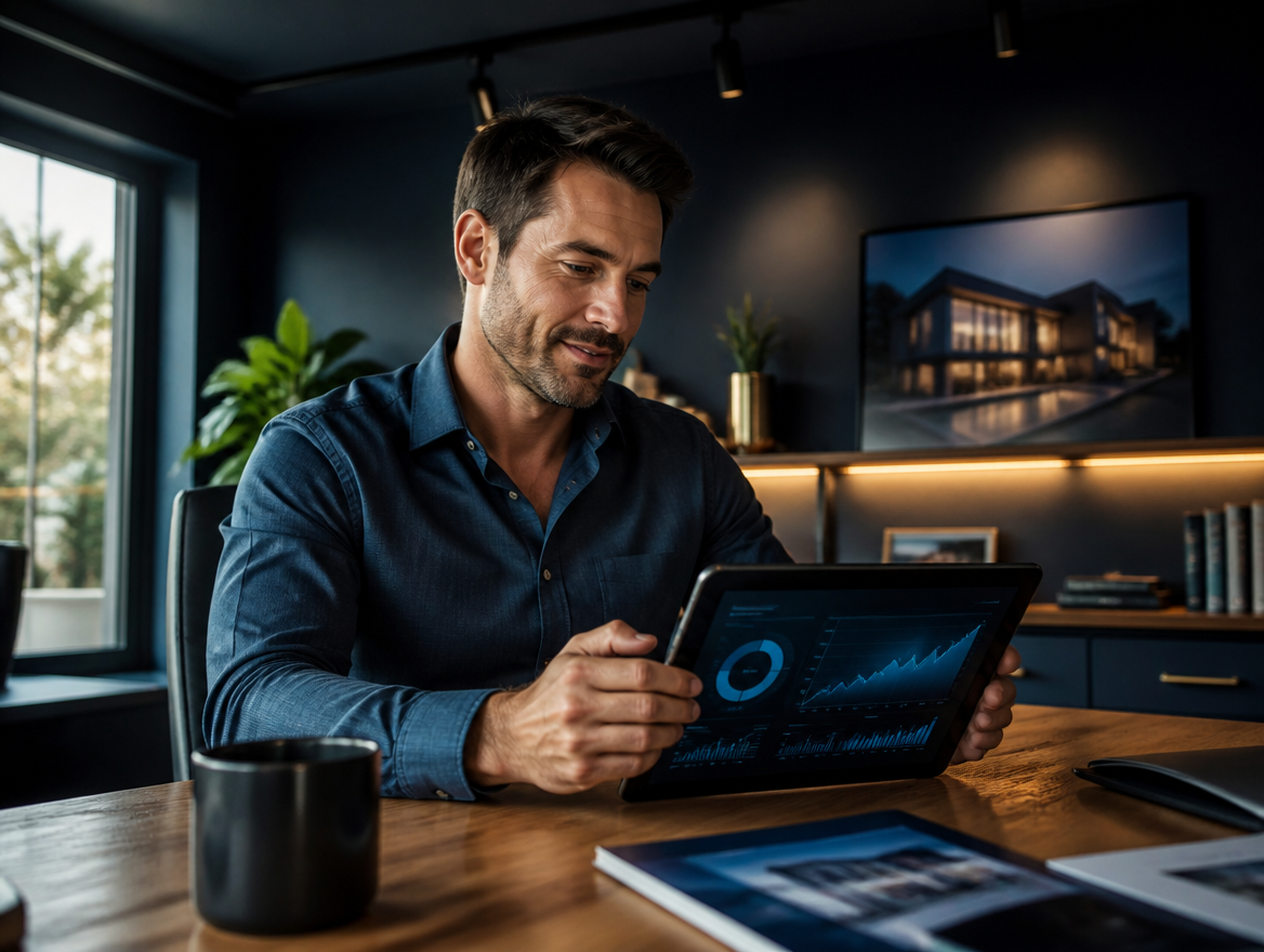 Real estate agent at modern desk reviewing analytics on a tablet