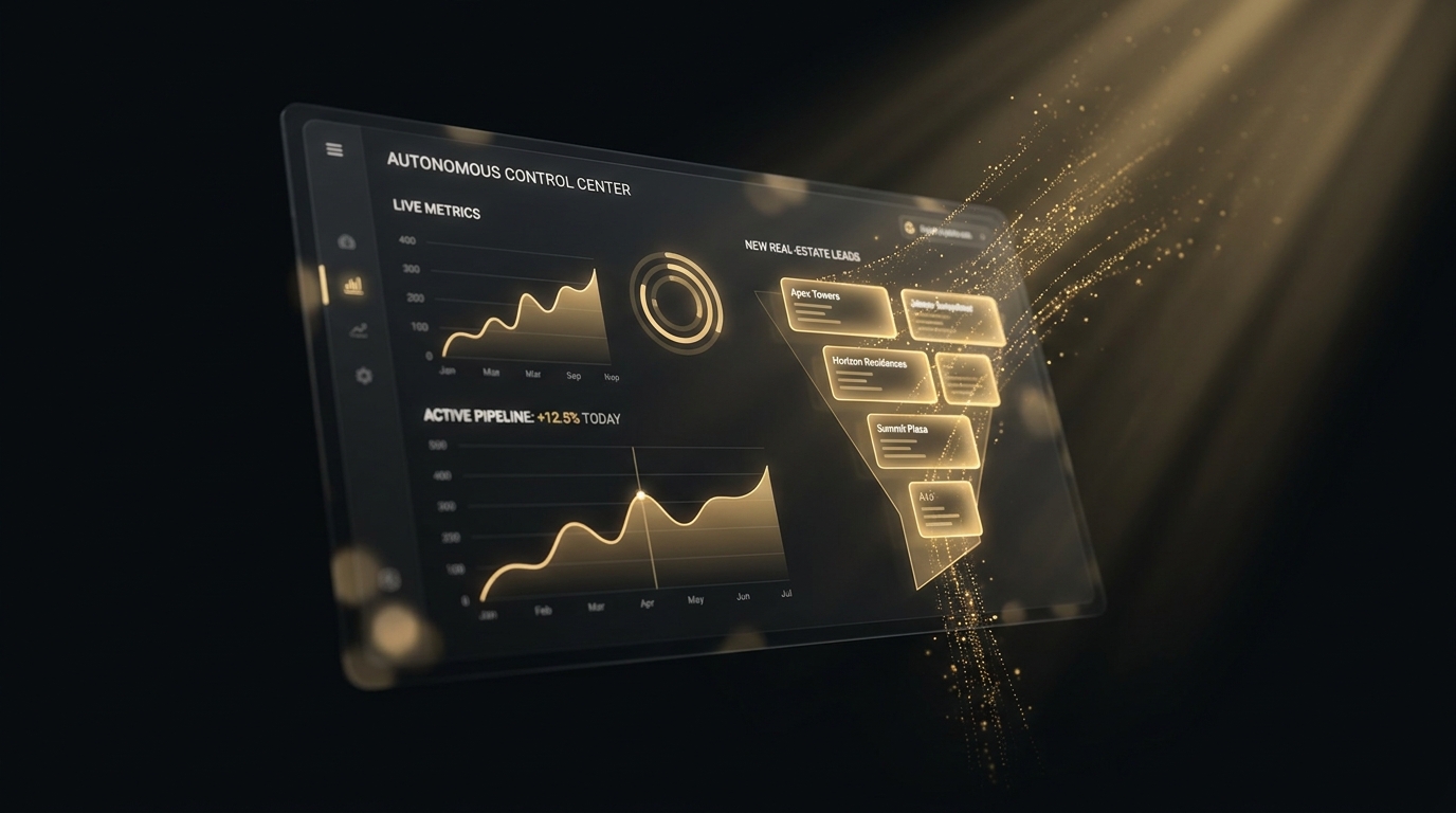 A live dashboard with new real-estate leads and rising metrics