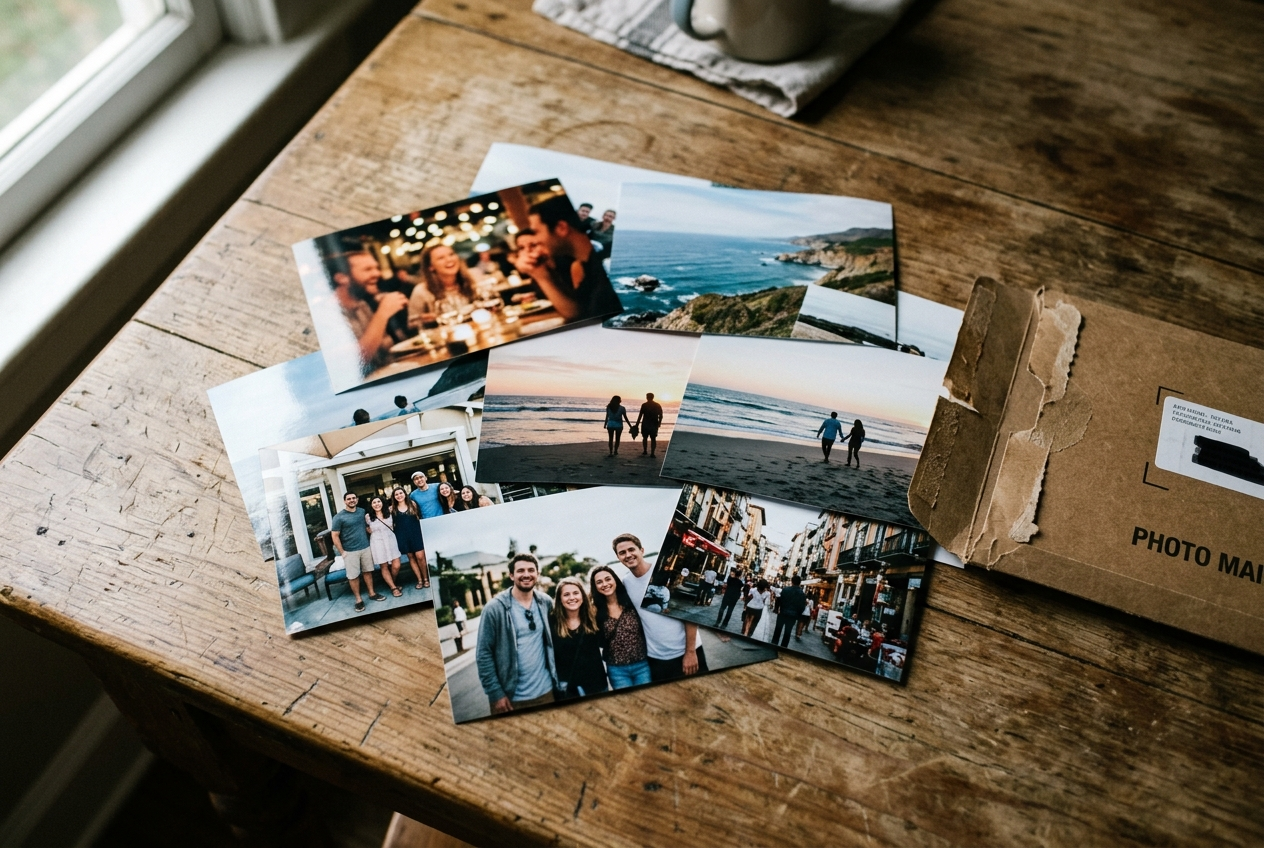 A small pile of glossy photo prints beside their mailer on a wooden table