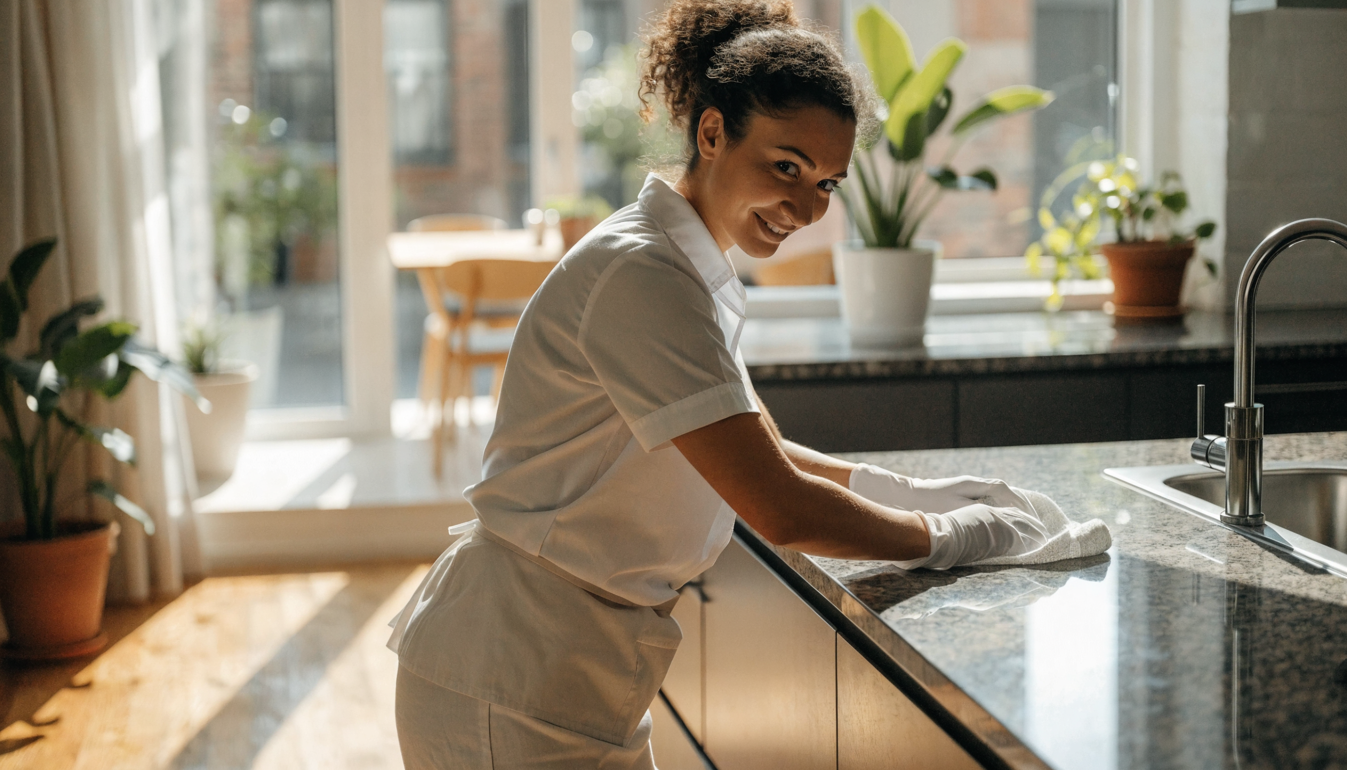 Professional Clean Effortlessly cleaner wiping a kitchen benchtop in a bright Marrickville terrace home