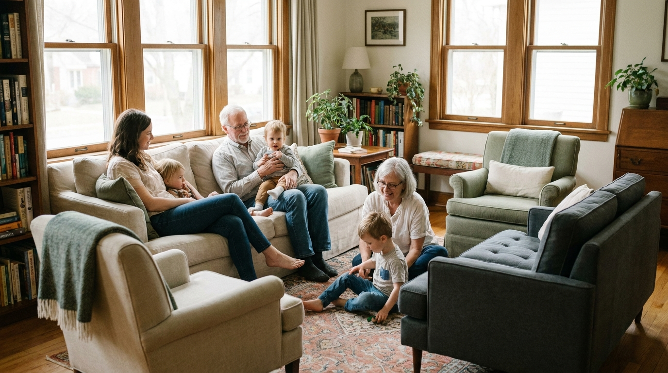 A multigenerational family spending time together at home