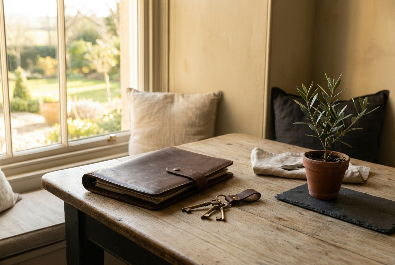 House keys and a leather document folder on a table in soft morning light
