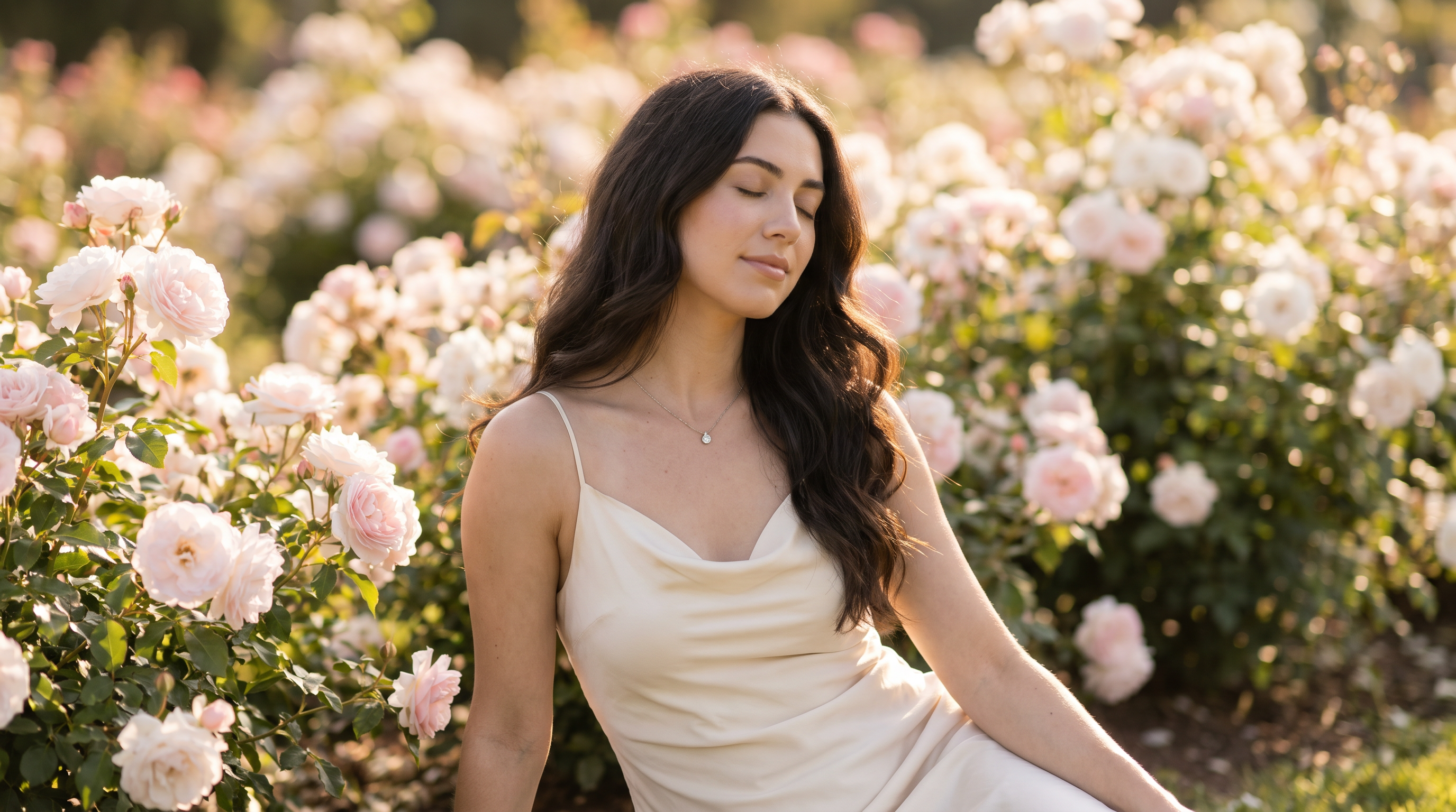 Lab-grown diamond pendant on June birthday gift recipient in rose garden