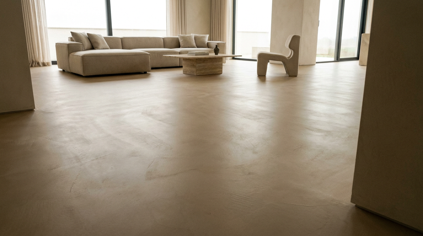 Seamless polished microcement floor in warm sand tone