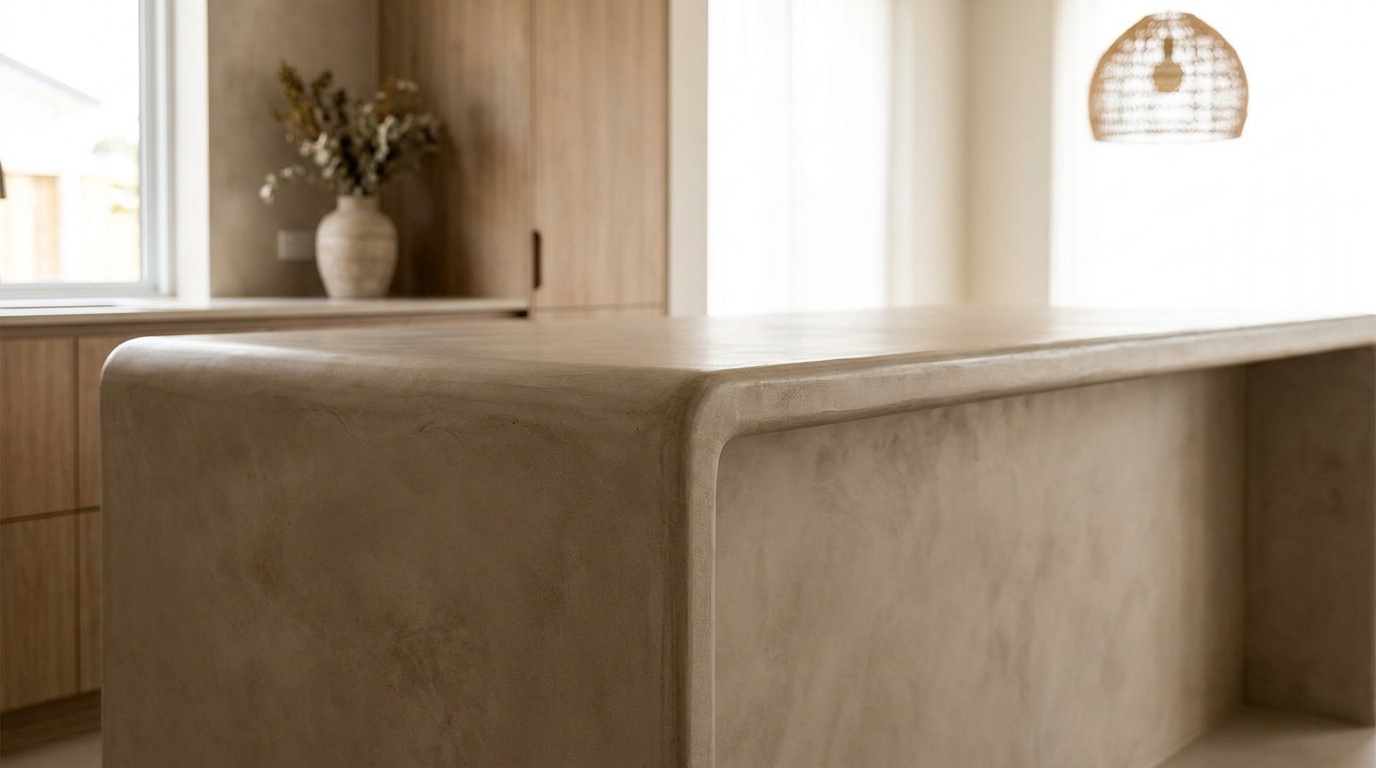 Putty-toned microcement kitchen countertop