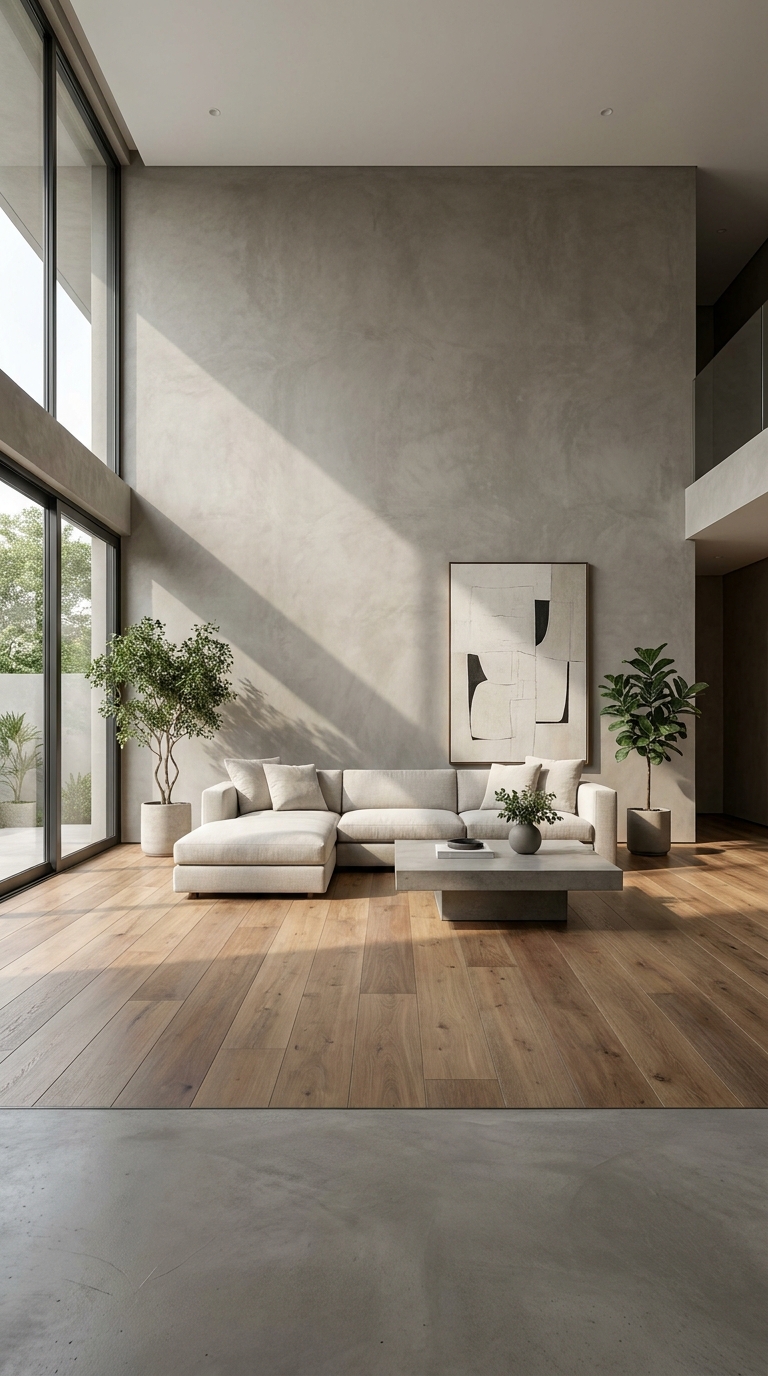 Living room with microcement accent wall