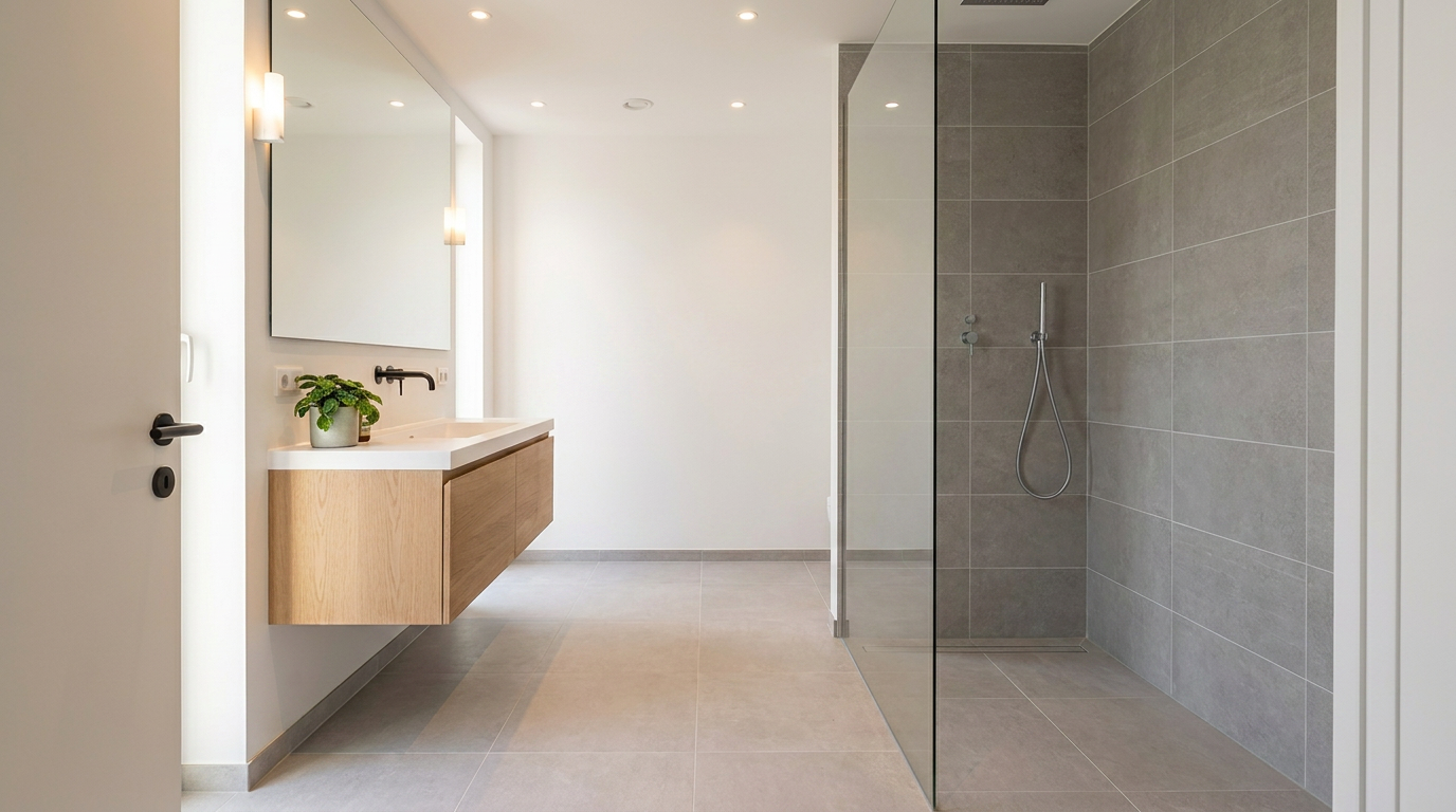 Before — luxury bathroom with porcelain tiles and grout lines
