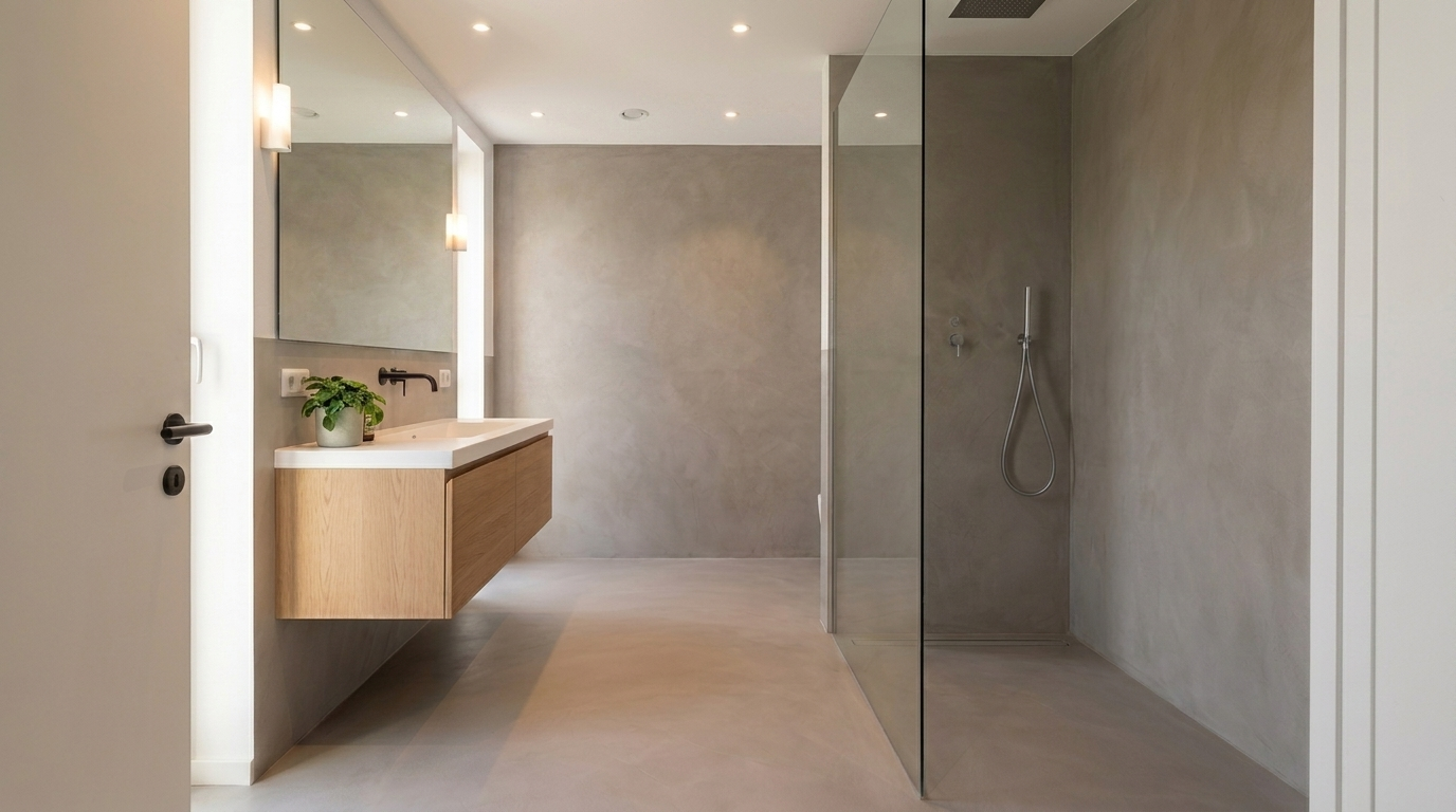 After — same bathroom with full floor-to-ceiling microcement on back wall