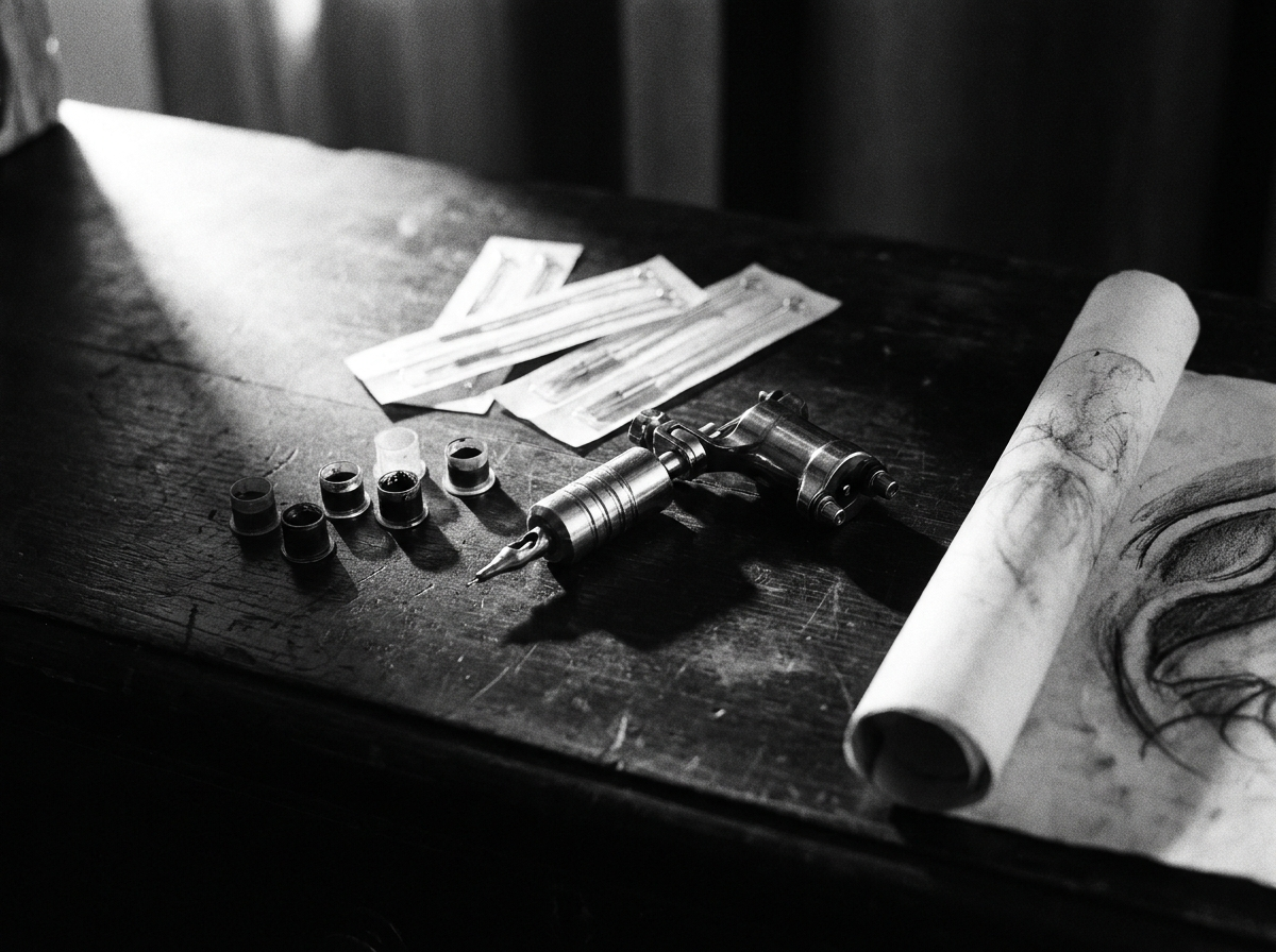 Estación de trabajo de tatuaje, máquina y tintas