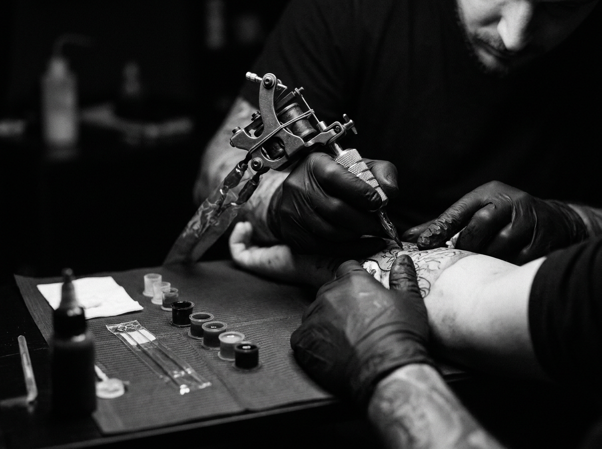 Artista tatuando con máquina, primer plano